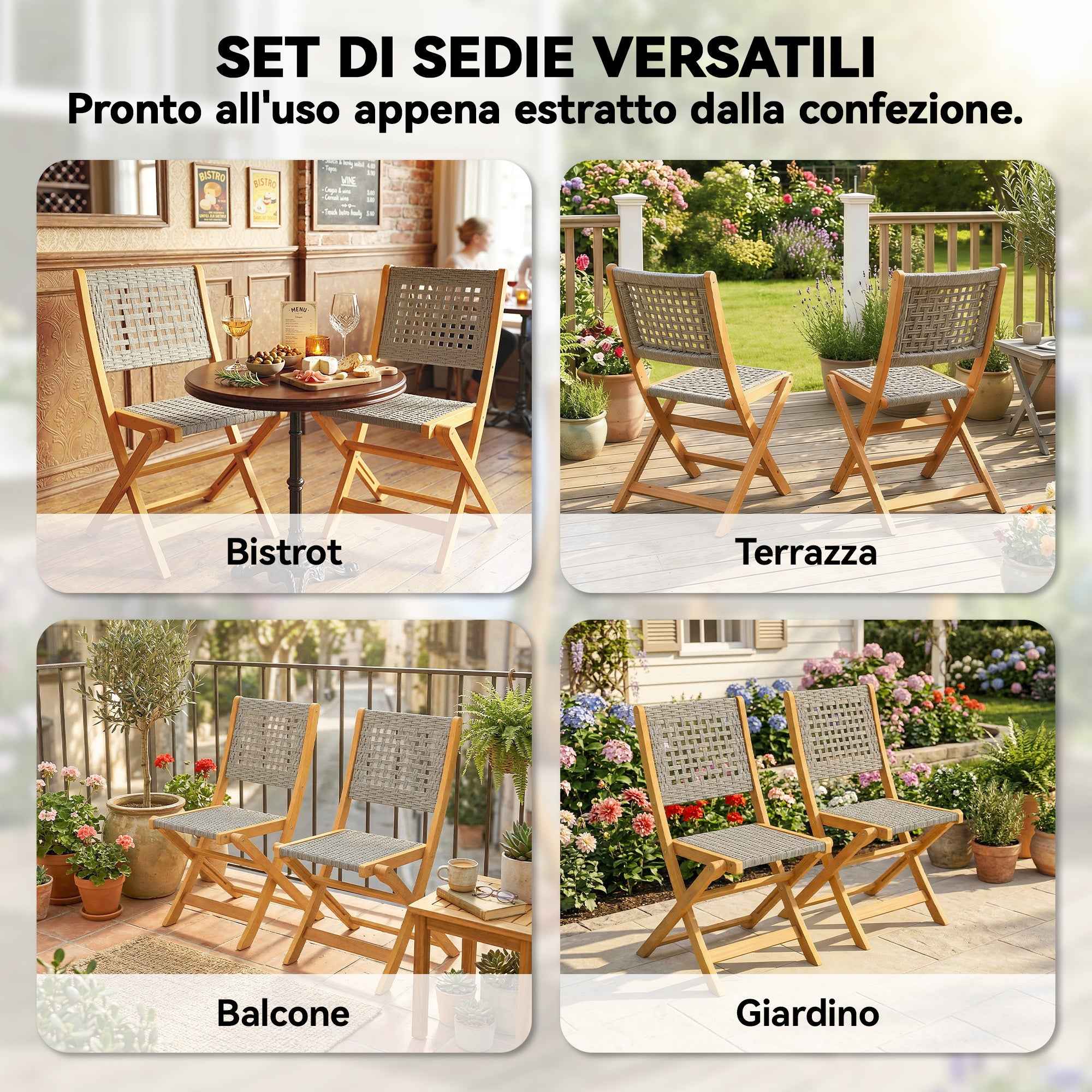 Outsunny Set of 2 Folding Garden Chairs in PE Rattan and Acacia Wood, Supports up to 160 kg, Grey