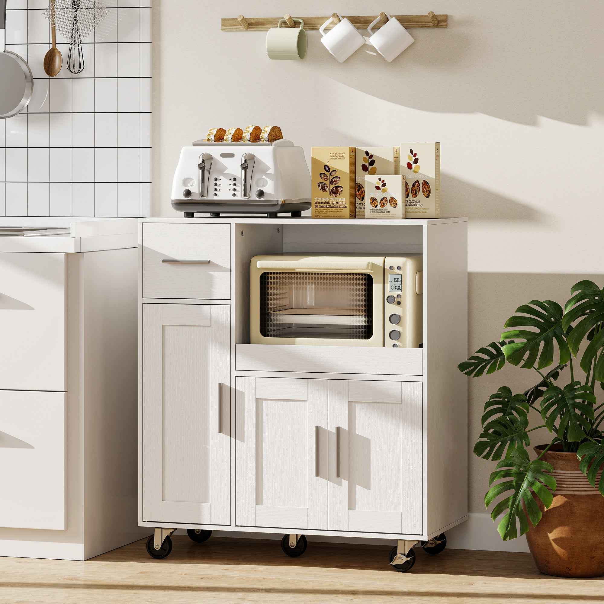 HOMCOM Wooden Microwave Cabinet with Drawer, 2 Cupboards, Open Shelf and Adjustable Top, 80x40x88.7 cm, White