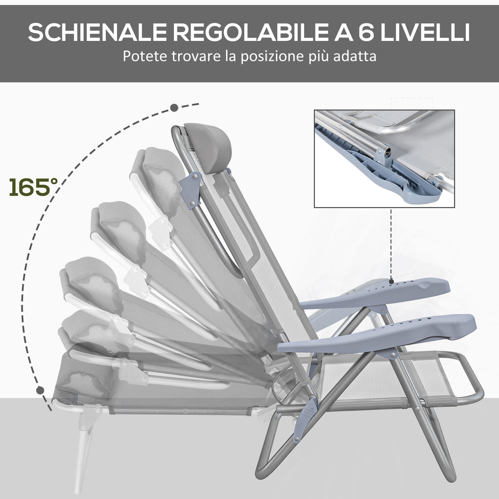 Set of 2 Folding and Reclining Camping Chairs on 6 Levels, in Aluminum and Foam, 62x65x80 cm, Light Gray