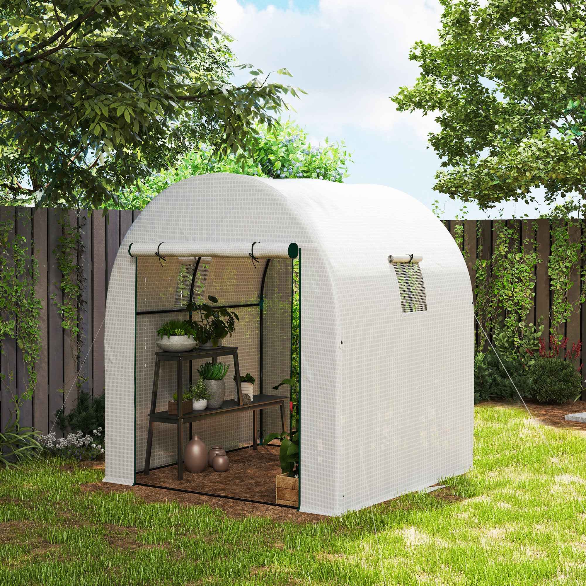 Outsunny 1.8x1.8x2 m Steel and UV-Resistant Polyethylene Tunnel Greenhouse for Vegetable Garden with Roll-Up Doors and Windows, White
