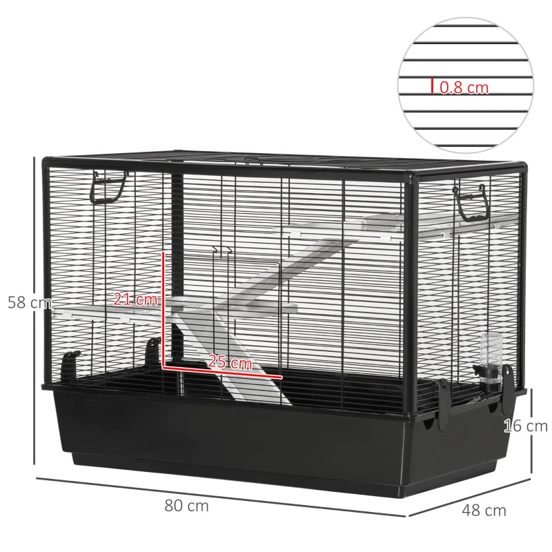 Guinea Pig Cage with Handle, Water Tank, Ramp and Tray, 80x48x58cm, Black - Borge' Group Limited