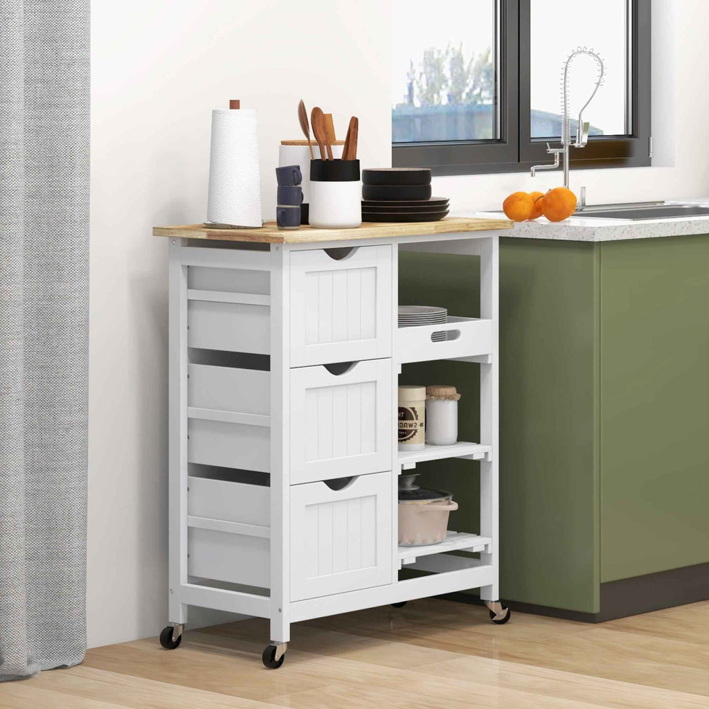 HOMCOM Wooden Kitchen Cart with 3 Drawers and 3 Open Shelves, 67x37x85.5 cm, White