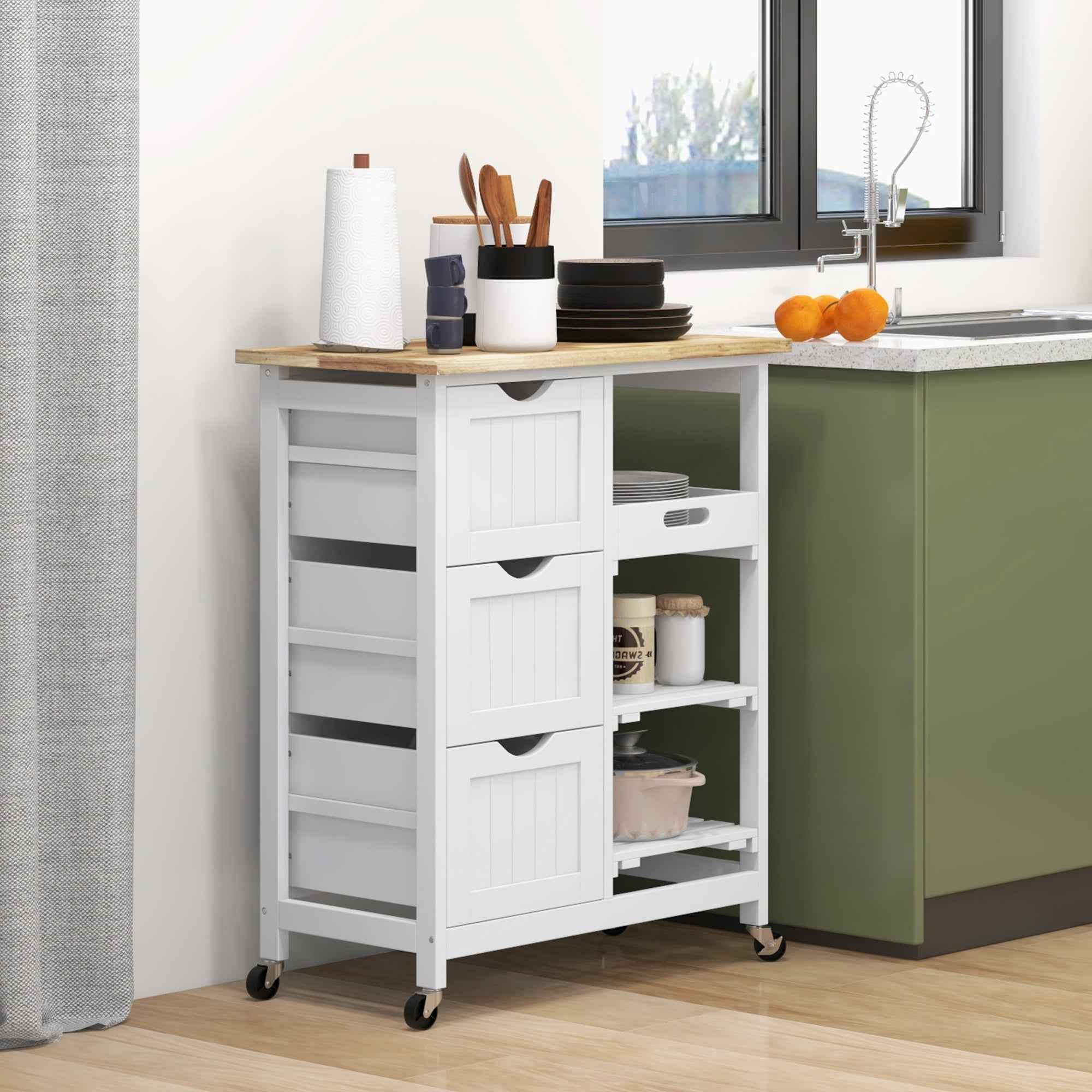 HOMCOM Wooden Kitchen Cart with 3 Drawers and 3 Open Shelves, 67x37x85.5 cm, White