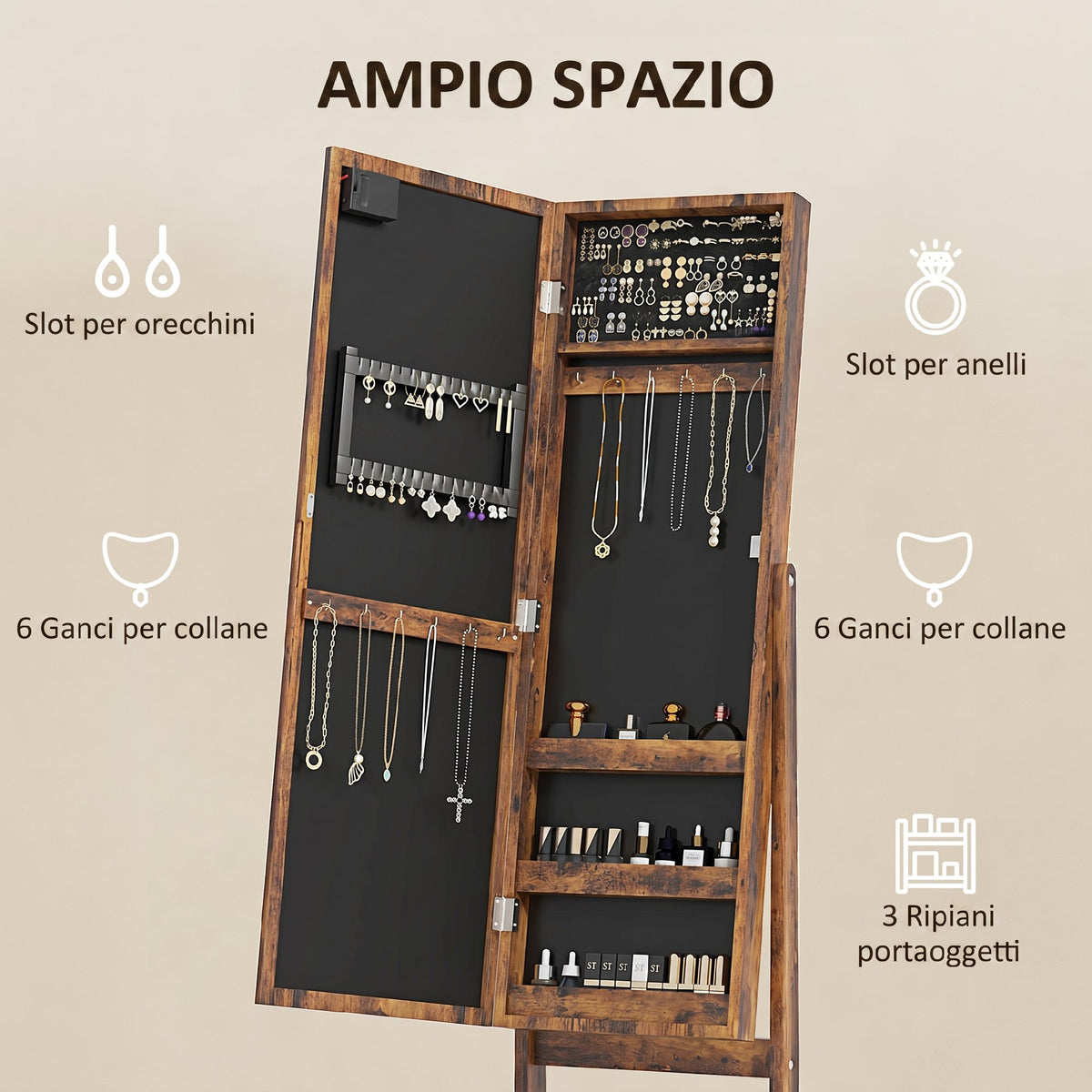 HOMCOM Jewelry Cabinet with Adjustable Mirror and LED Lights, 36x30x136 cm, Rustic Brown