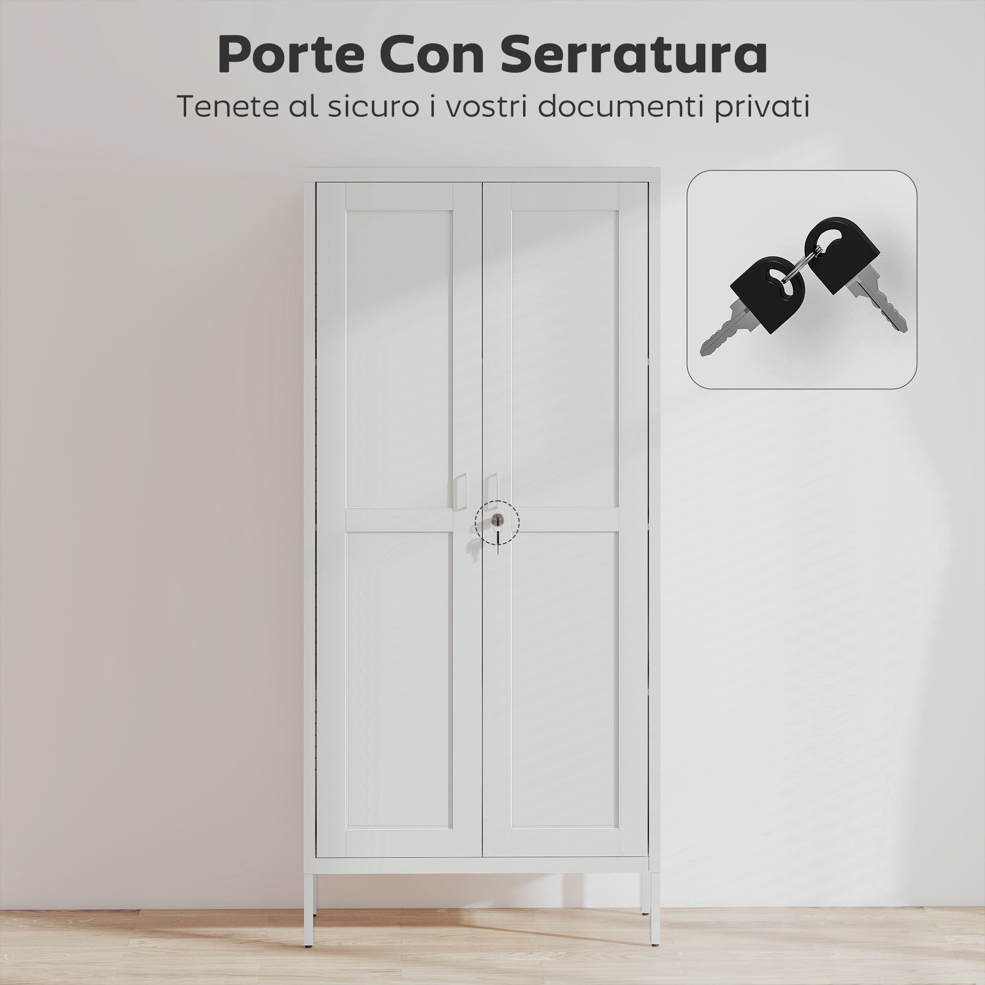 3-Tier Adjustable Steel Office Cabinet with Lock and 2 Keys, 80x40x175cm, White