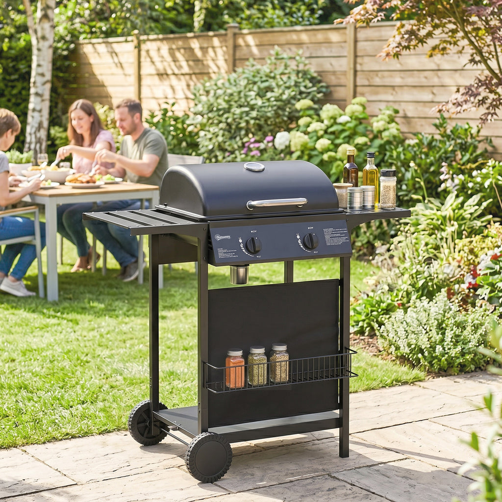 Outsunny Gas Barbecue, 2 Burners, Side Tables, Grease Tray, Black.