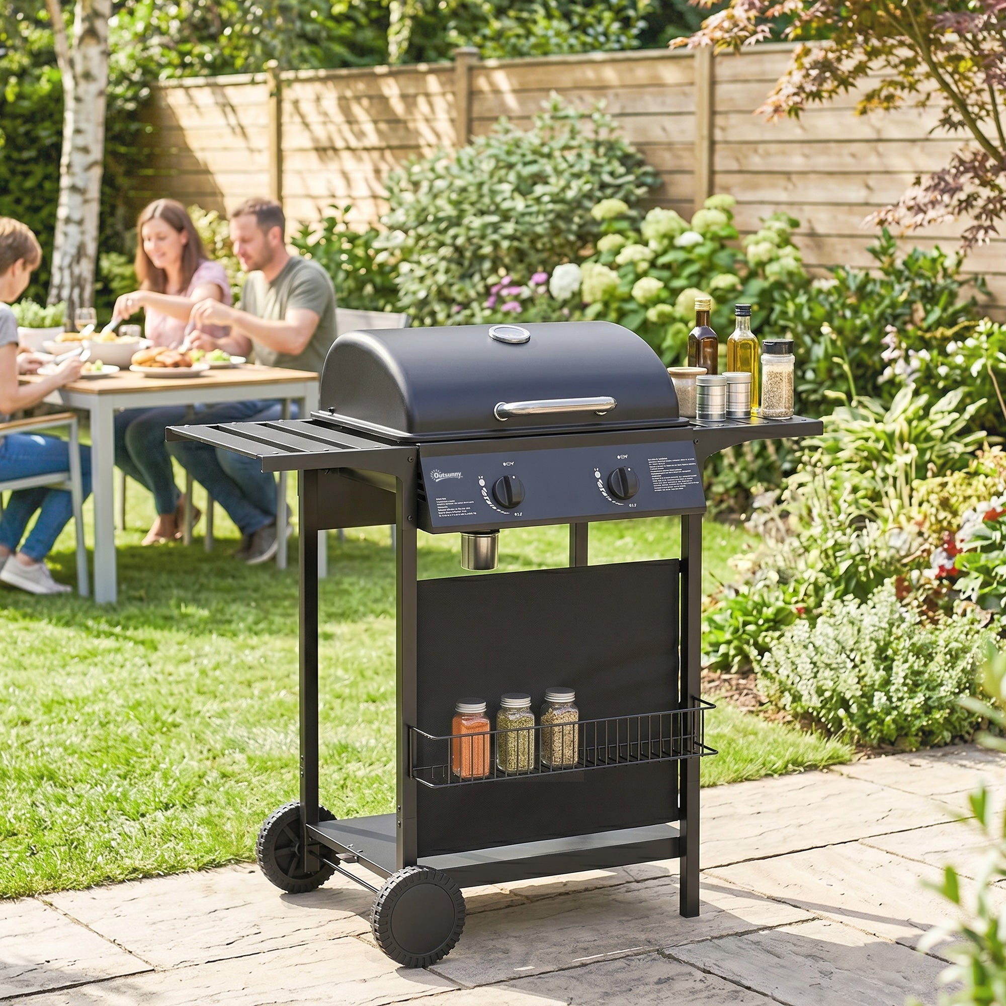 Outsunny Gas Barbecue, 2 Burners, Side Tables, Grease Tray, Black.