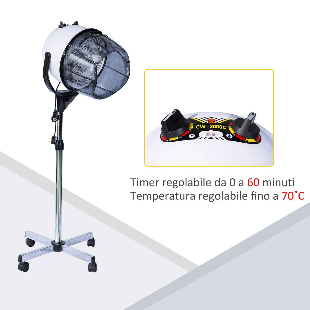 HOMCOM 1180W Adjustable Height Hood Hair Dryer, Hair Dryer with 60-Minute Timer and Swivel Wheels, Made of PP, PC and Steel, 65x65x115-165 cm, White