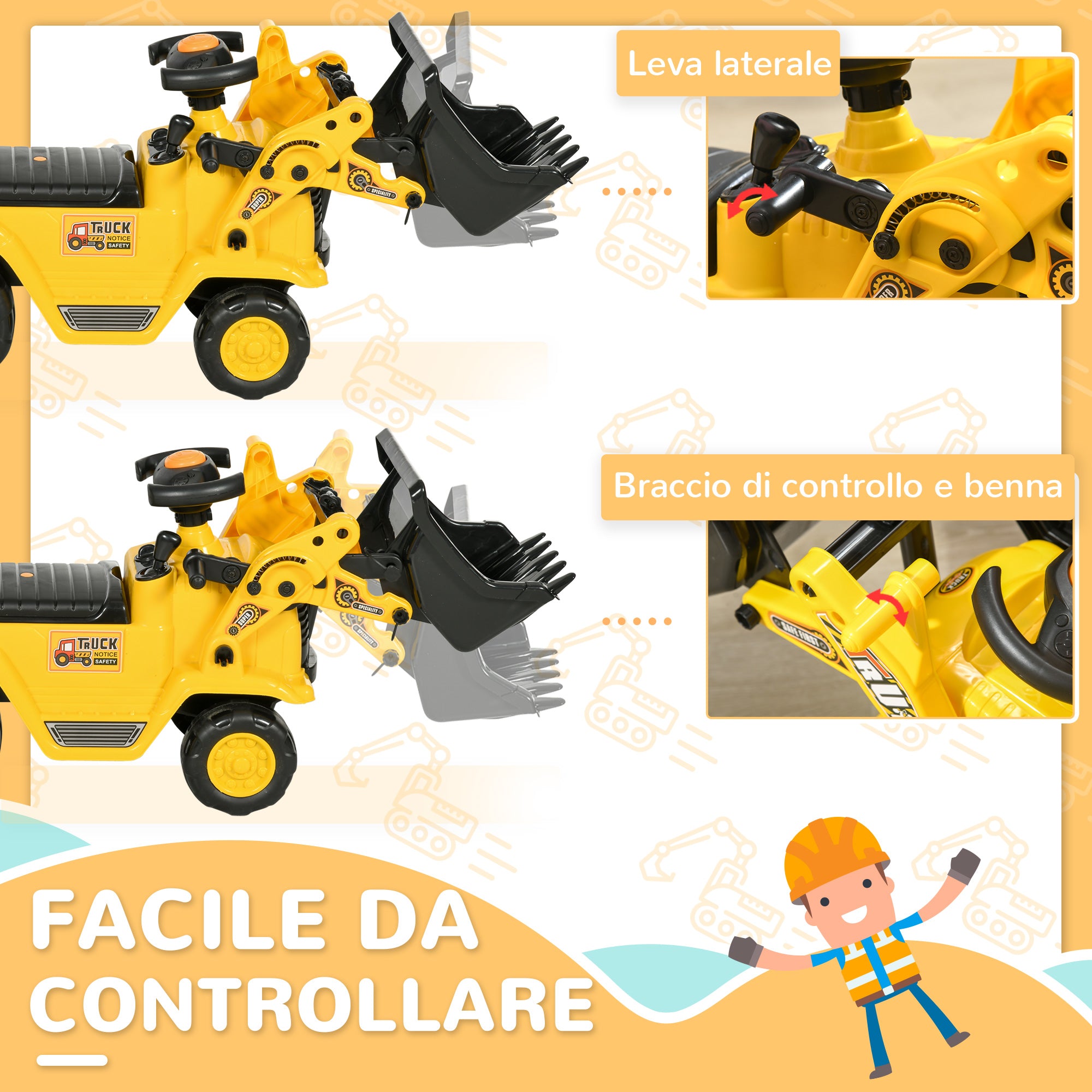 Children's Excavator with Bucket and Retractable Storage Space, PP and ABS, 80x26.5x39 cm, Yellow and Black