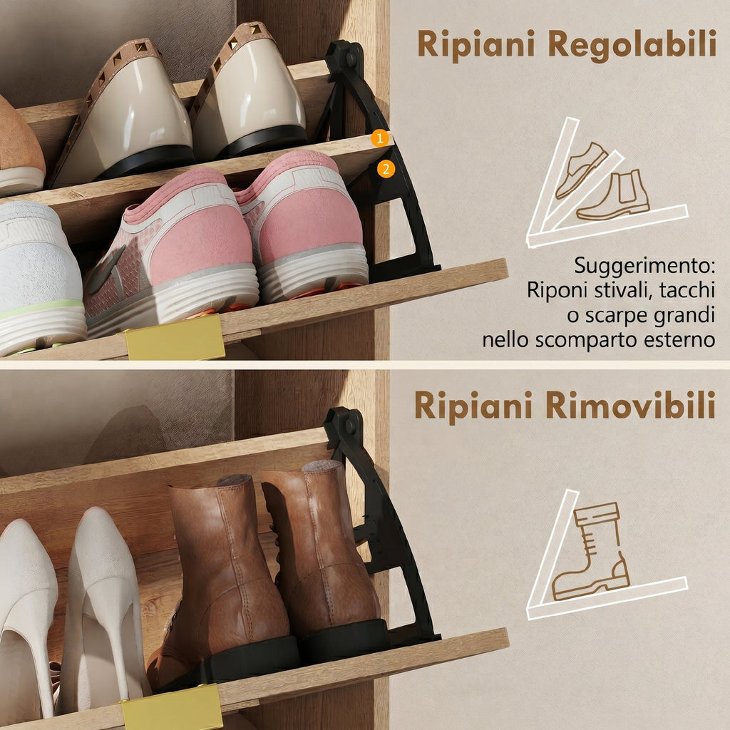 HOMCOM Space-Saving Slim Shoe Rack with 2 Flap Doors and Adjustable Removable Shelves for 8 Pairs, Walnut Color