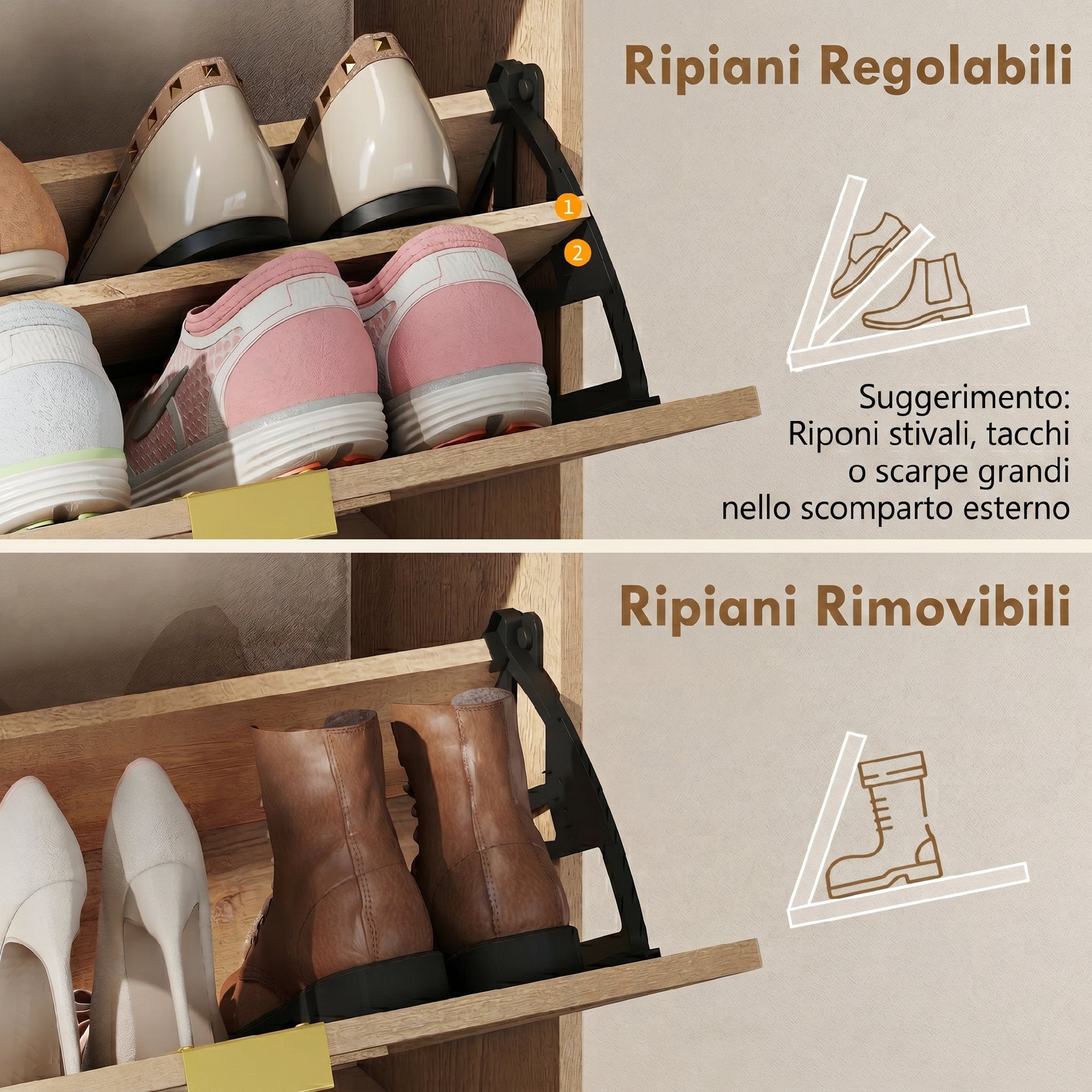 HOMCOM Space-Saving Slim Shoe Rack with 2 Flap Doors and Adjustable Removable Shelves for 8 Pairs, Walnut Color