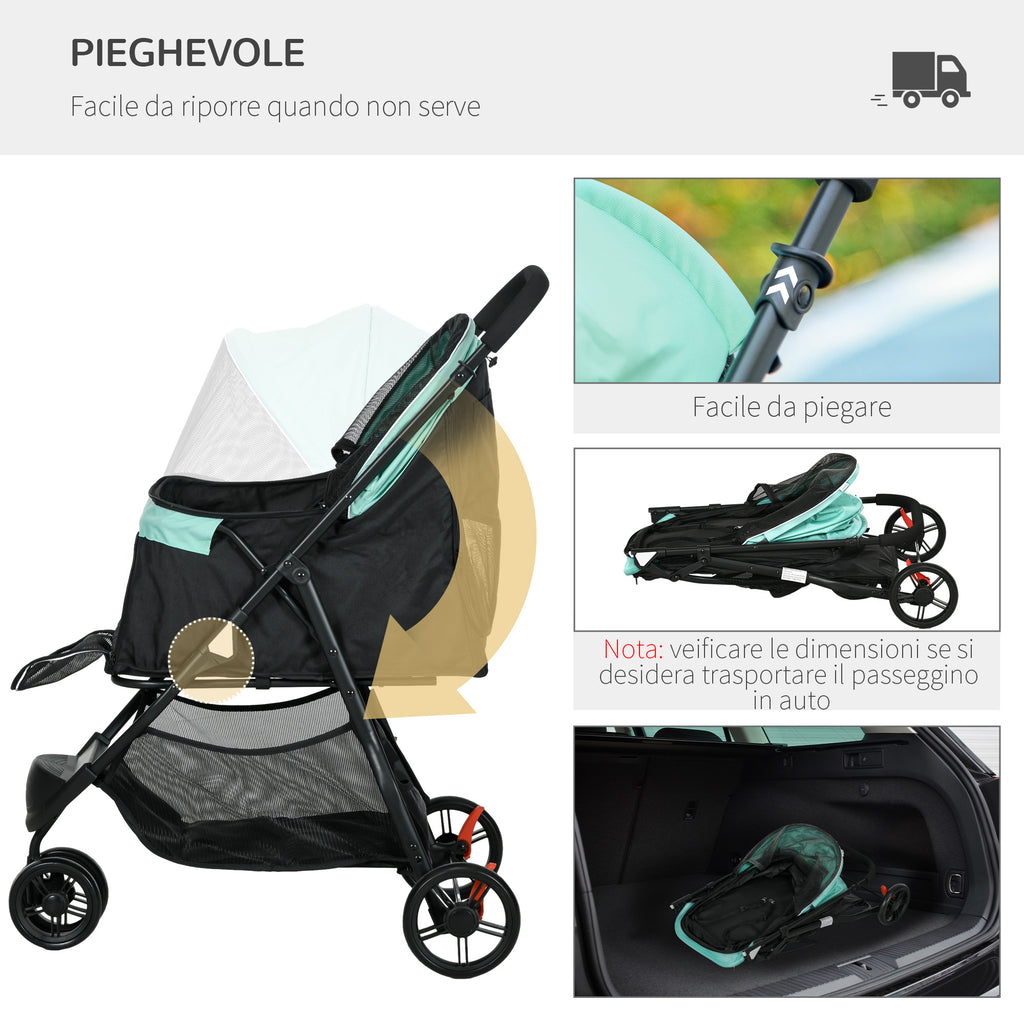 3-Wheel Folding Small Dog Stroller with Rain Cover and Basket, Green