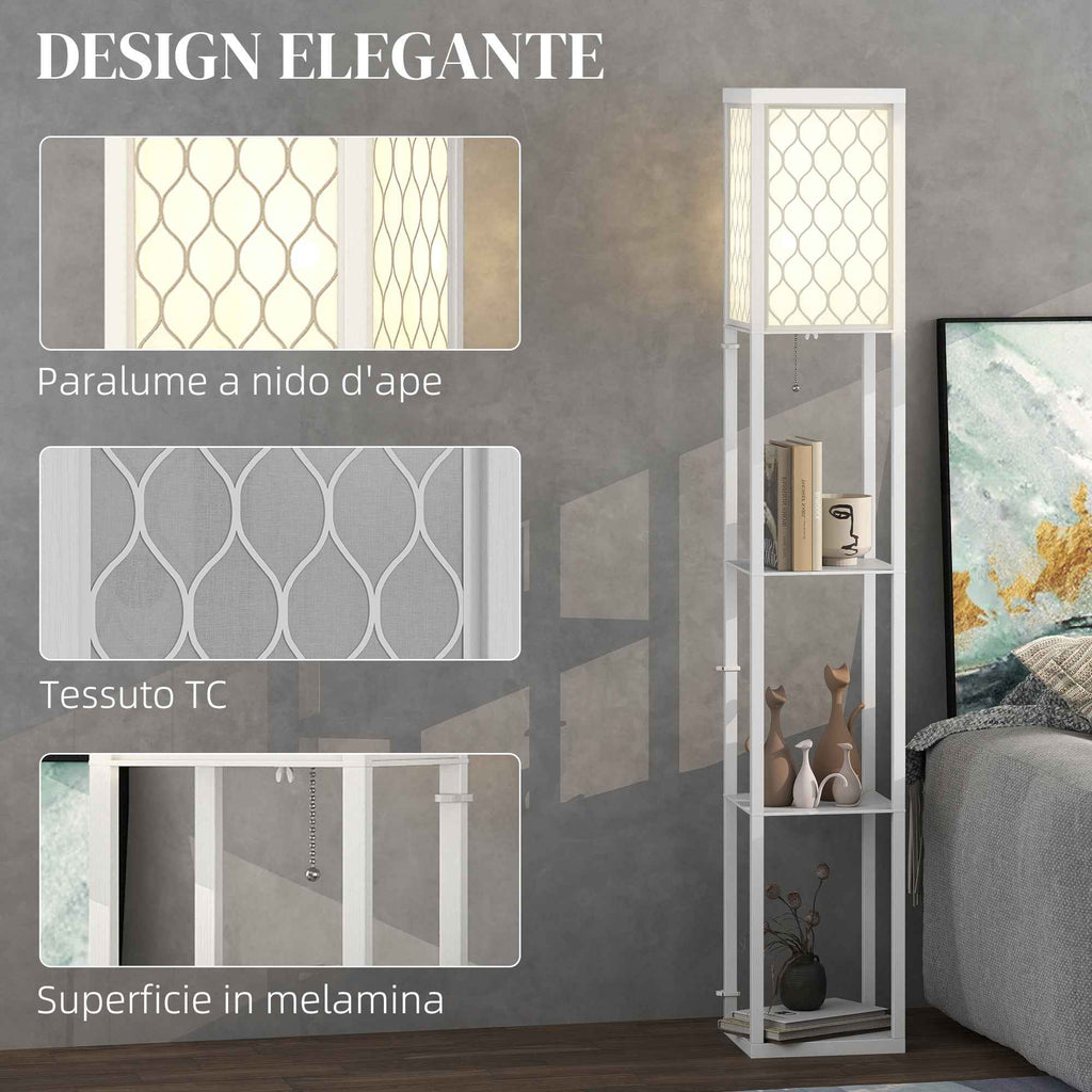 HOMCOM 2-in-1 Modern Floor Lamp with 3 Shelves, E27 Socket, 26 x 26 x 160 cm, White