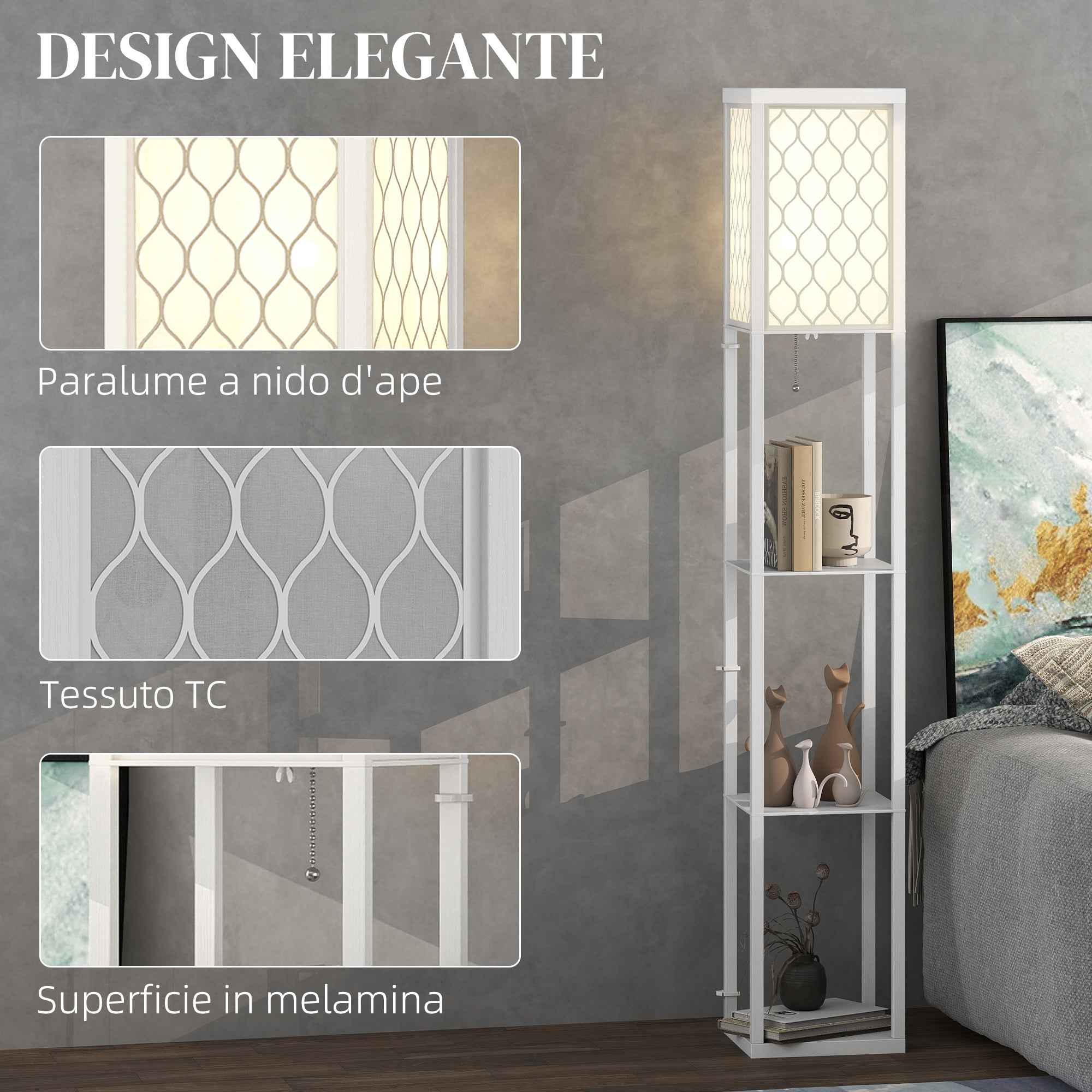 HOMCOM 2-in-1 Modern Floor Lamp with 3 Shelves, E27 Socket, 26 x 26 x 160 cm, White
