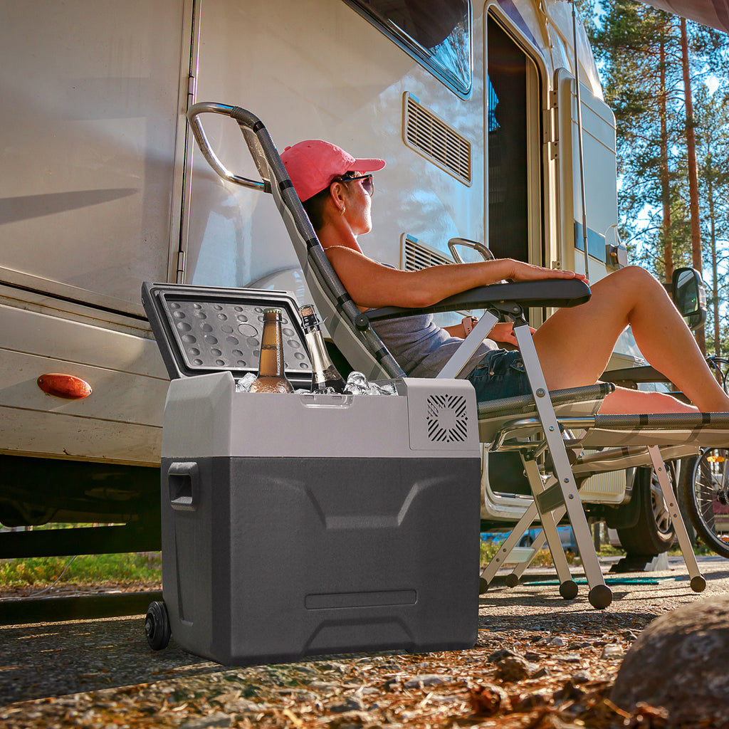 50L Car Fridge with Touch Panel, Handle and 2 Wheels, in Aluminum and Plastic, 58.6x37.8x54.5 cm, Gray