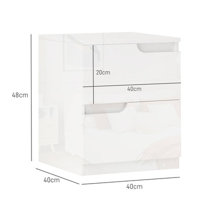 Modern Wooden Bedside Table with 2 Drawers and Glossy Design, 40x40x48 cm, White