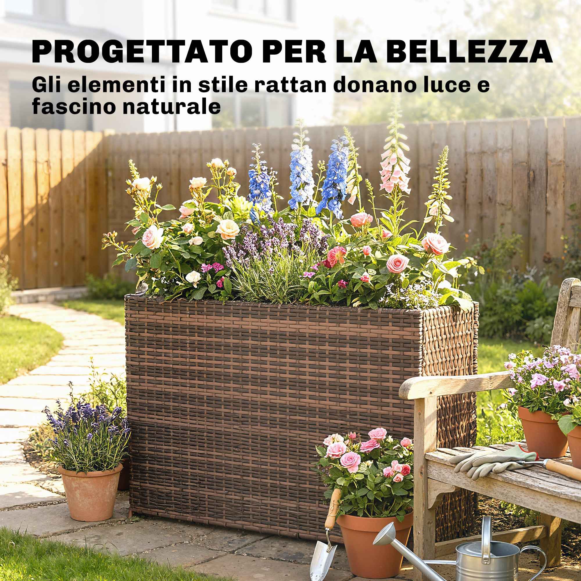 Outsunny 45L Outdoor Rattan Raised Garden Bed with Drainage Holes and Adjustable Feet, Brown