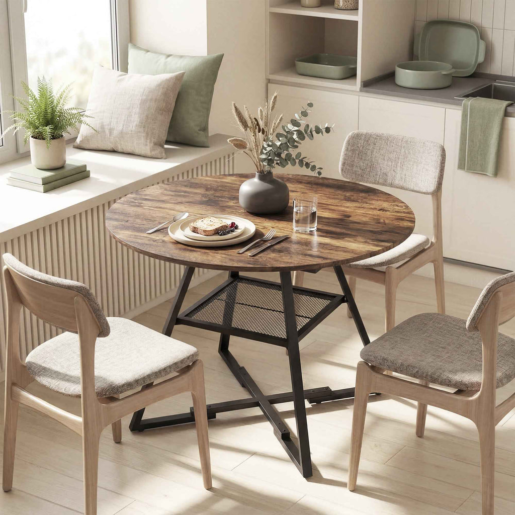 4-Seater Dining Table, 100cm Round, Industrial Kitchen, Storage Shelf, Rustic Brown.