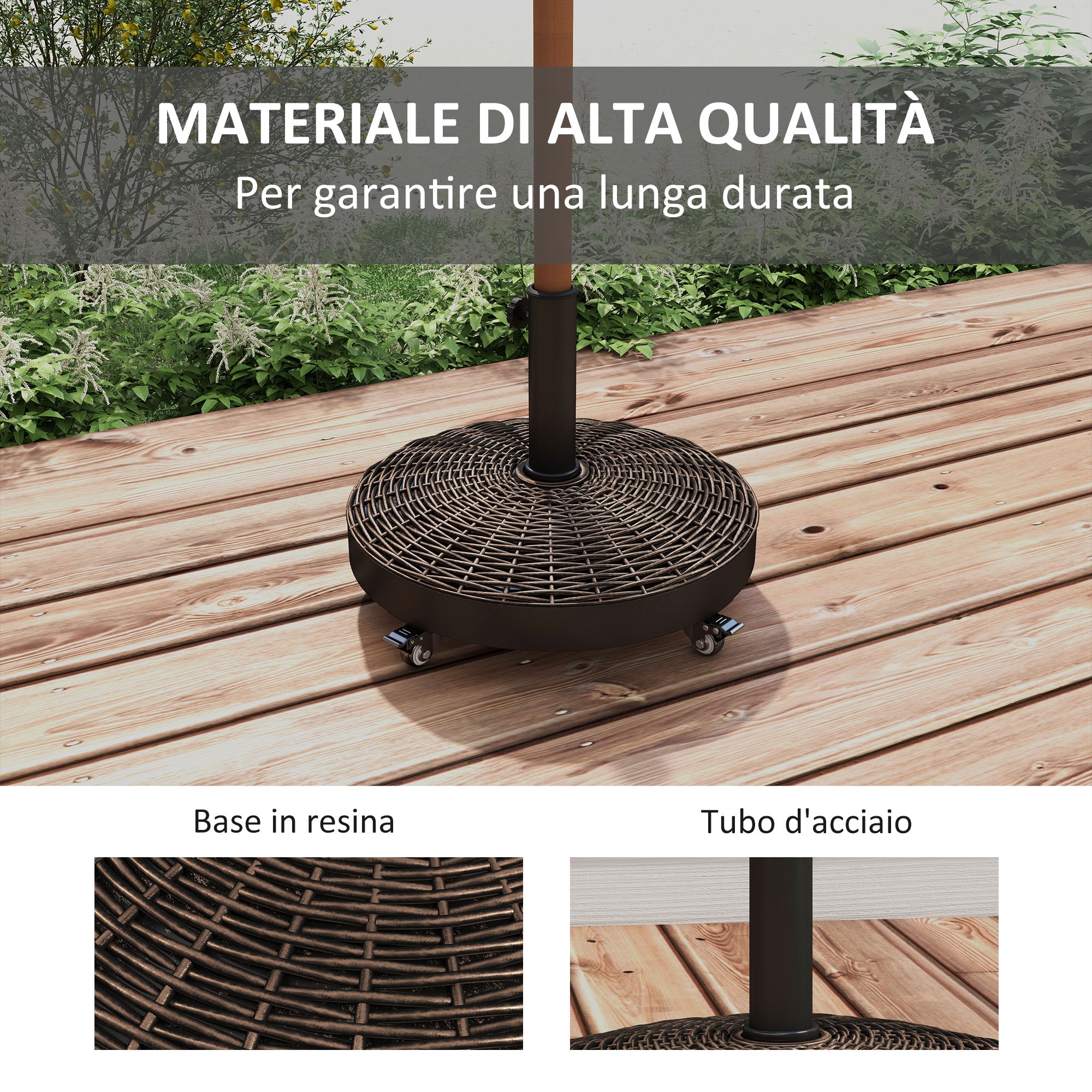 Round Garden Umbrella Base with 4 Wheels with Brakes, in Steel and Resin, Ø52x41 cm, Bronze and Black