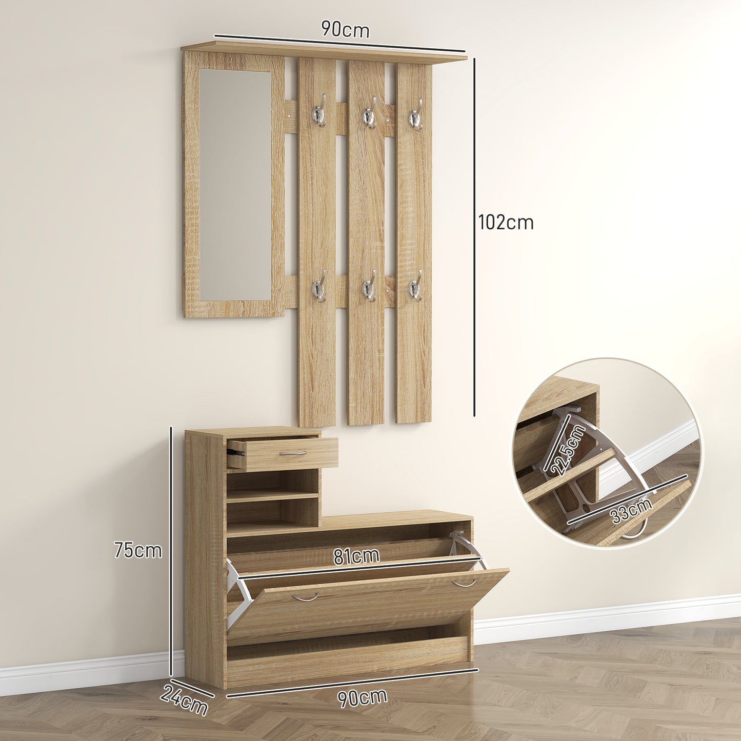 TWENTY | Coat Stand 3 in 1 with Shoe Rack and Mirror, Hooks and Drawers, in Wood, 90x24x177 cm, Oak color