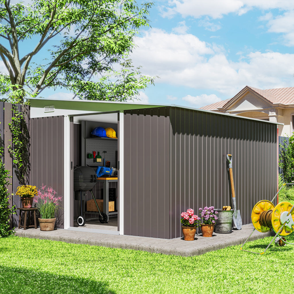 Garden Shed with Sliding Door, Steel, 345x280.5x169-201cm, Grey