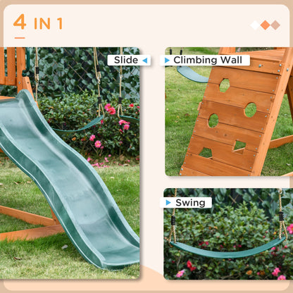 Playground set with slide, 2 garden swings and wall climbing wall for children age 3-8 years - Borgè