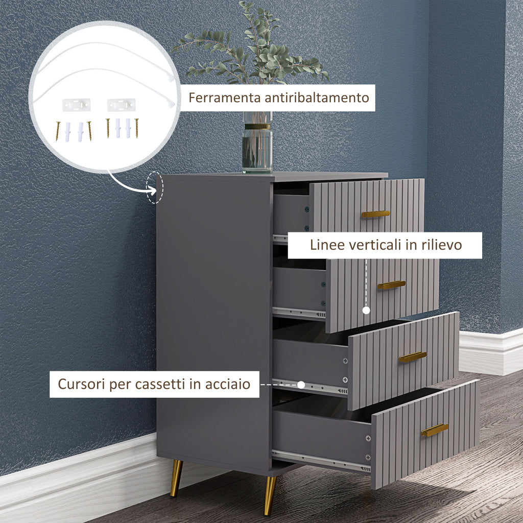 Modern 4 Drawer Chest of Drawers in Wood and Aluminum, 60x40x90 cm, Gold and Dark Grey