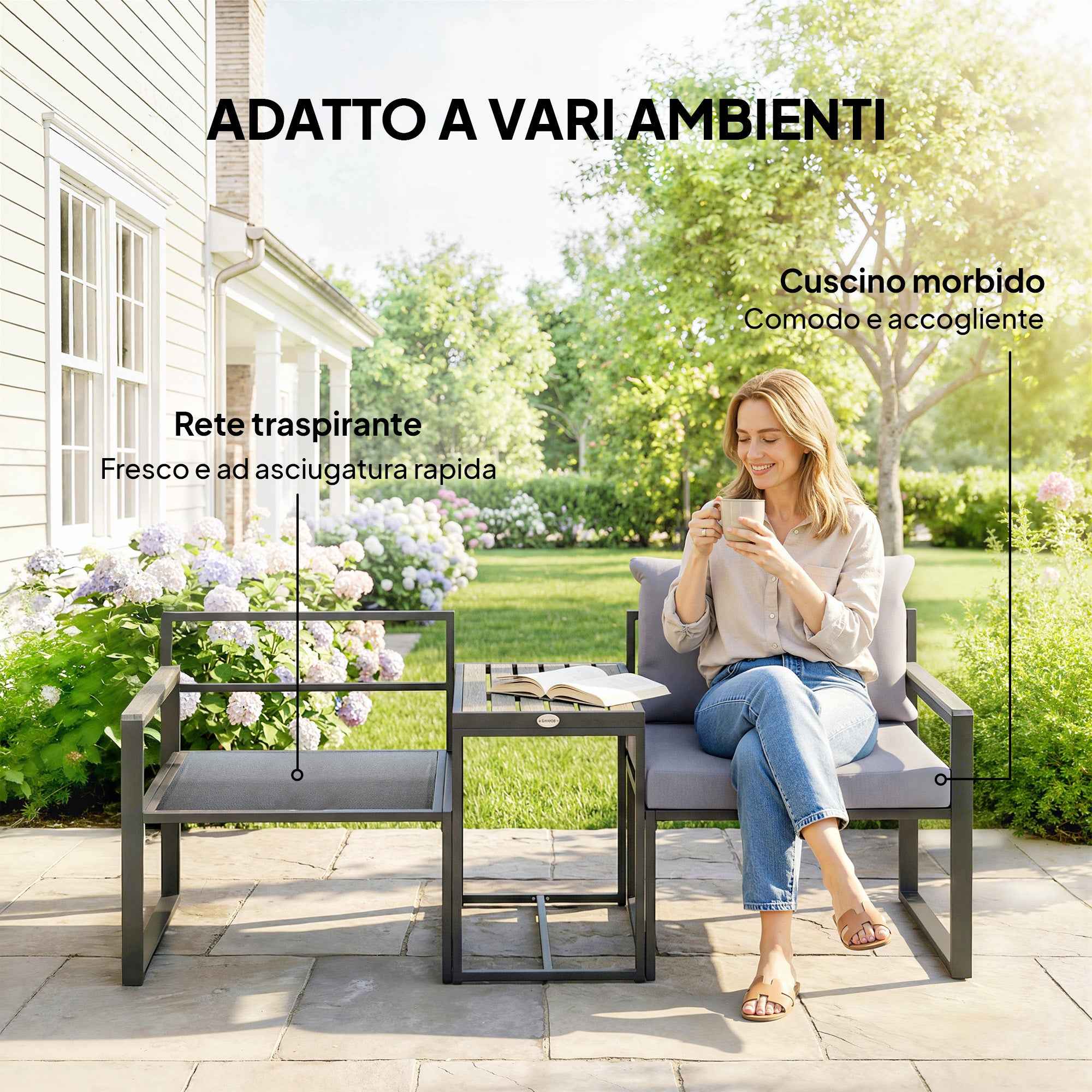 Outsunny 3-Piece Outdoor Set with Garden Table and 2 Chairs with Texteline Seat and Cushions, Grey