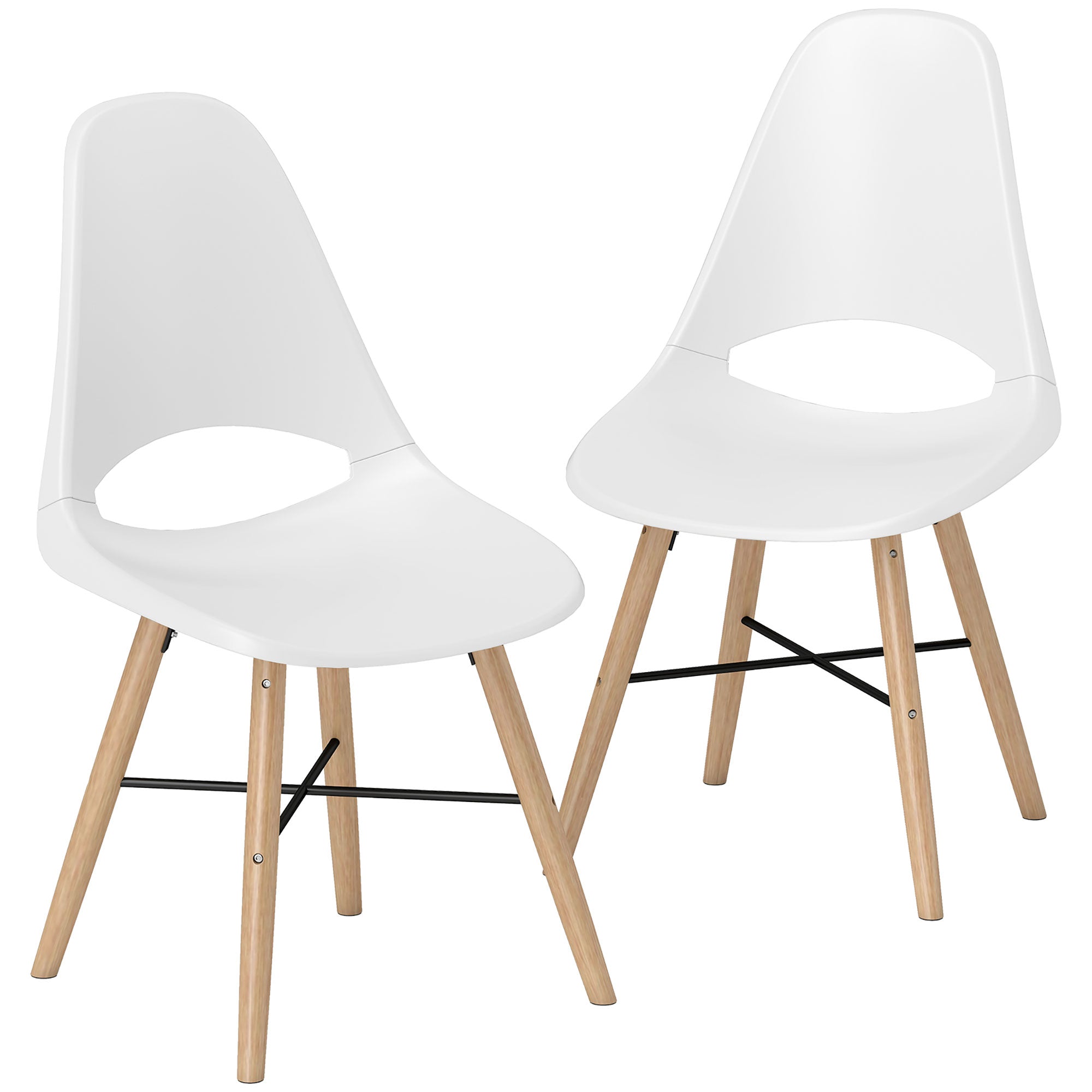 Set of 2 Nordic Style Plastic and Wood Dining Chairs with Curved Backrest, White
