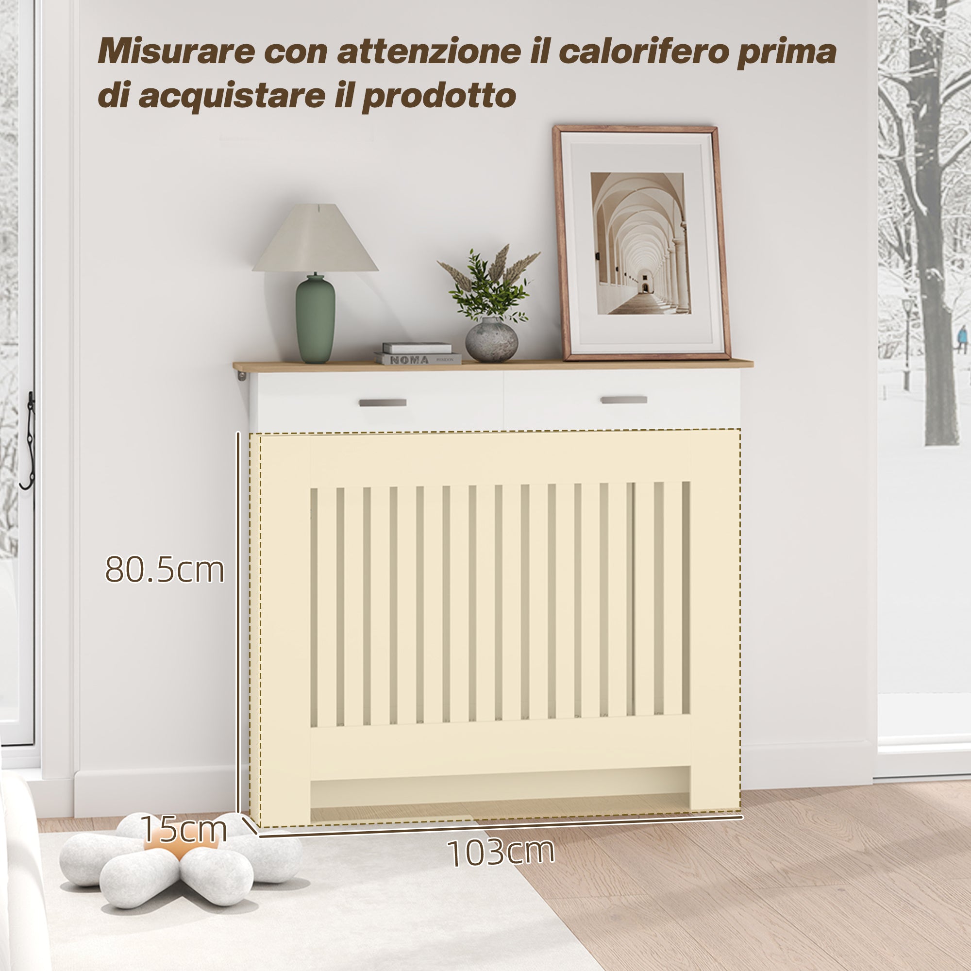 Anti-tipping slatted radiator cover with storage drawer, in wood, 112x19x97 cm, White