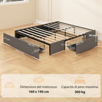 Double Bed Frame with Slats and 3 Drawers, in Wood, Polyester and Metal, 165x193x30 cm, Grey