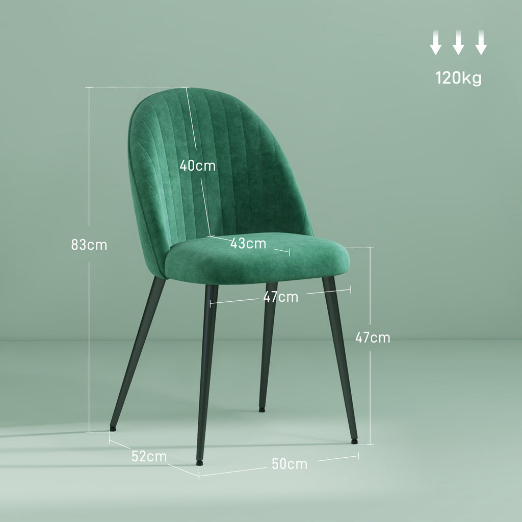 HOMCOM Set of 4 Modern Padded Chairs with Curved Back, in Velvet Effect Fabric and Steel, 50x52x83 cm, Green - Borgè