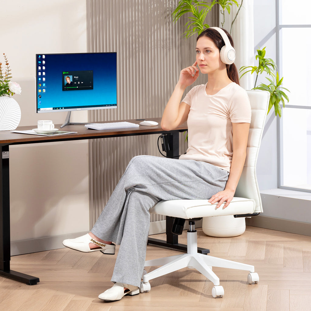 Ergonomic Office Chair with Curved Backrest, Adjustable PU Leather and Steel, 58x53x97-107 cm, White