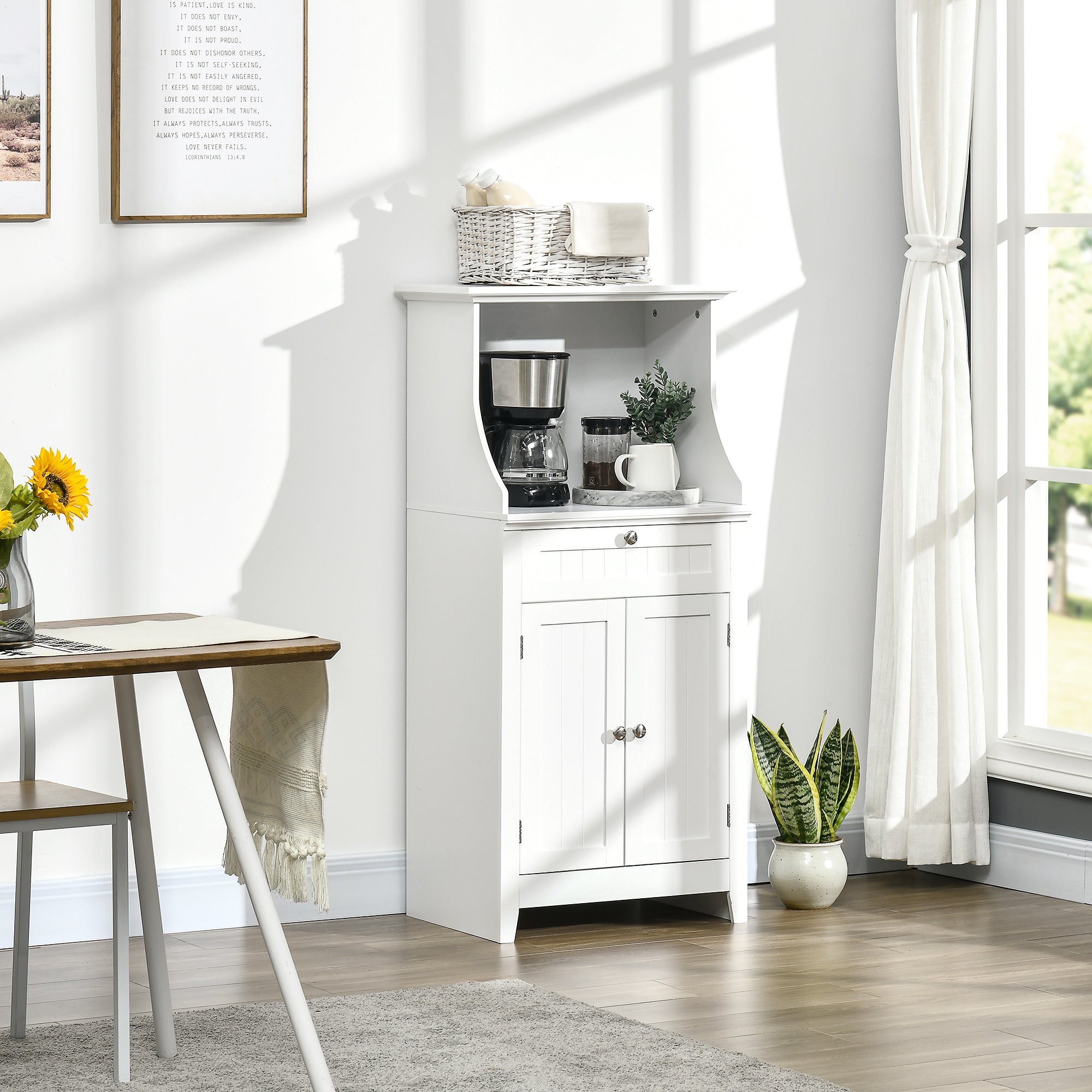 Microwave Oven Cabinet with Drawer and 2-Door Cabinet, 60x40x122.5 cm, White