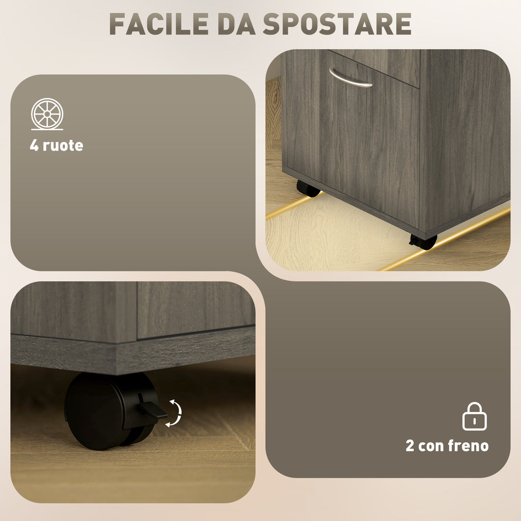 4-Wheel File Cabinet with Open Shelf and Drawers, Wood and Metal, 40x35x60 cm, Grey