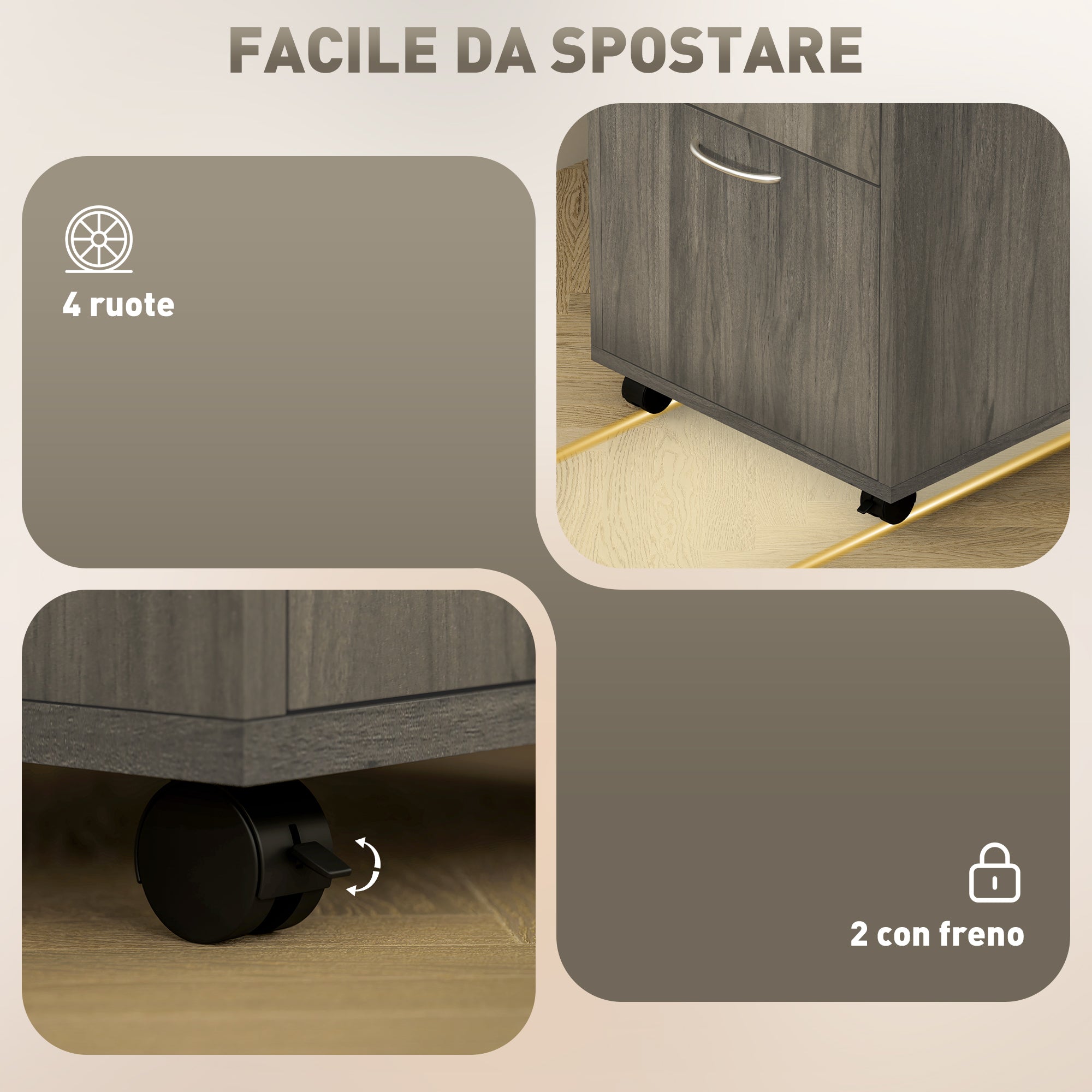 4-Wheel File Cabinet with Open Shelf and Drawers, Wood and Metal, 40x35x60 cm, Grey