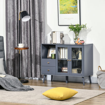 Two-Door Glass Cabinet with 2 Drawers, Open Space and Shelf, 95.5x40x78 cm, Gray