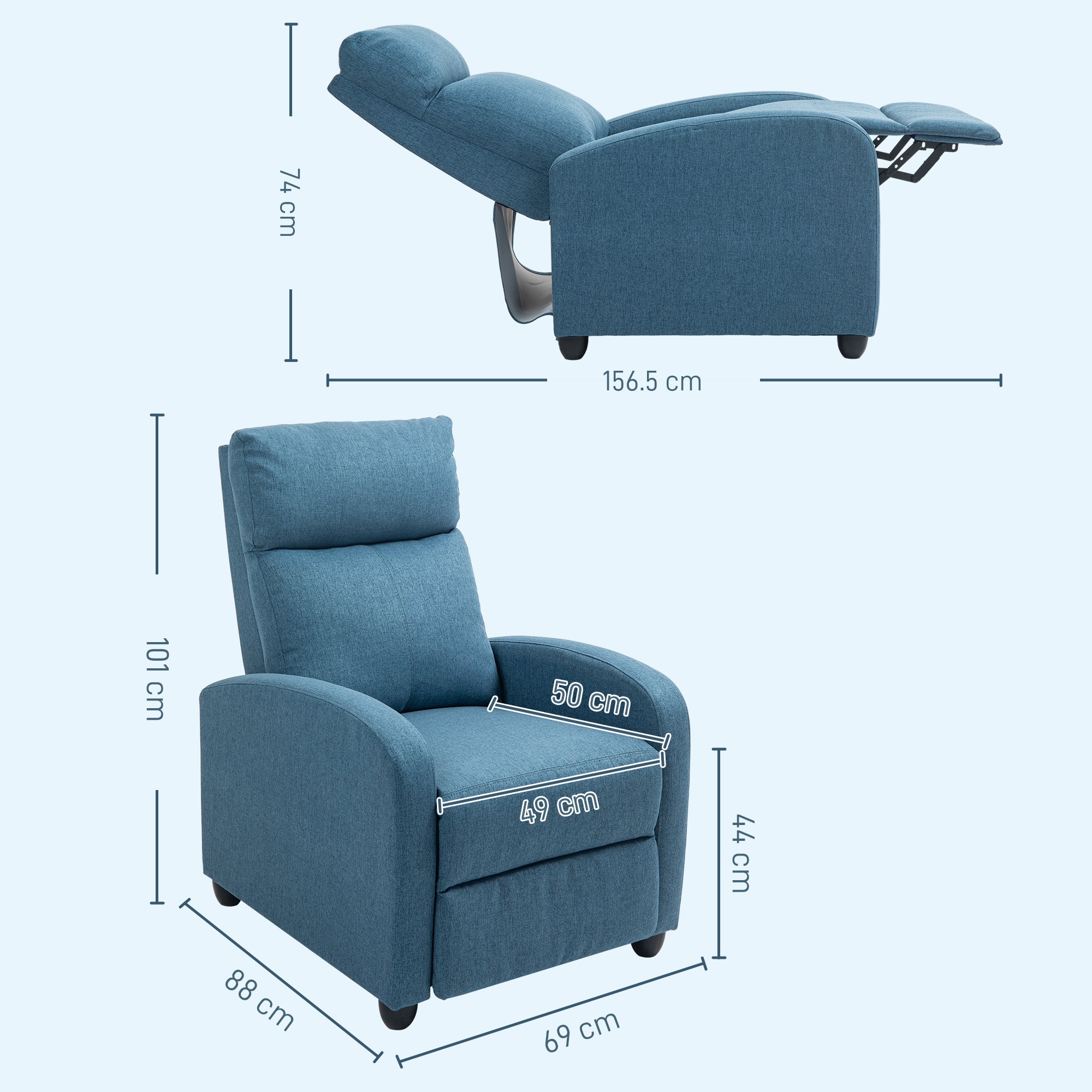 Reclining Chair Upholstered in Blue Linen Effect Fabric and Steel with Footrest, 69x88x101 cm