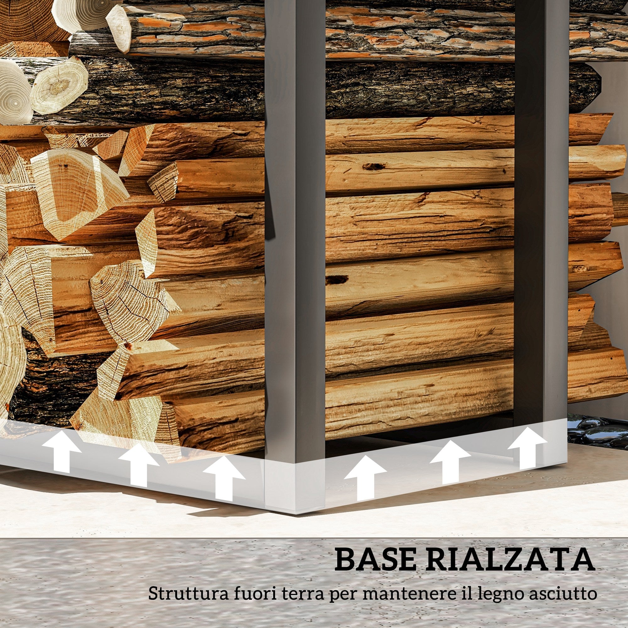 Adjustable Indoor Outdoor Metal Log Holder with S Hooks, 40-65x25x100-150cm, Black