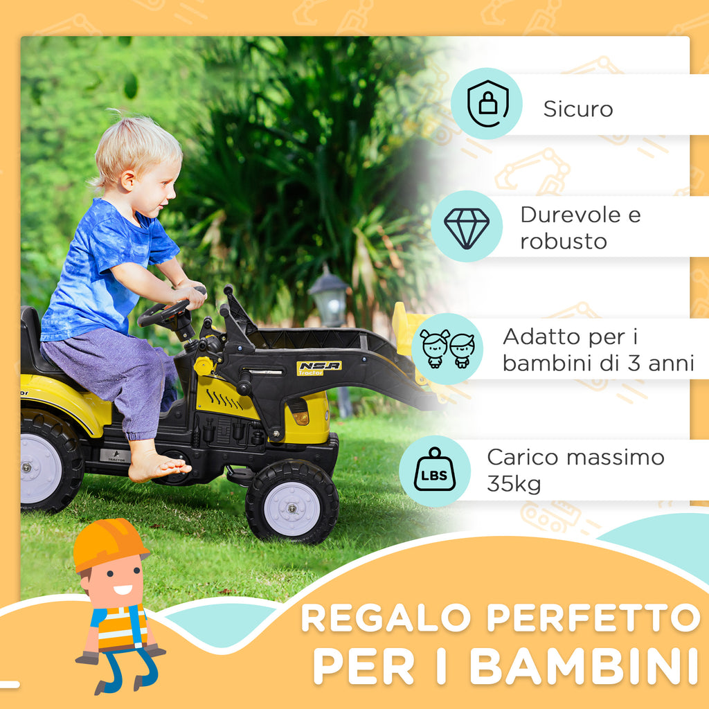Pedal Excavator for Kids from 3 Years with Front Loader and Steering Wheel, Yellow