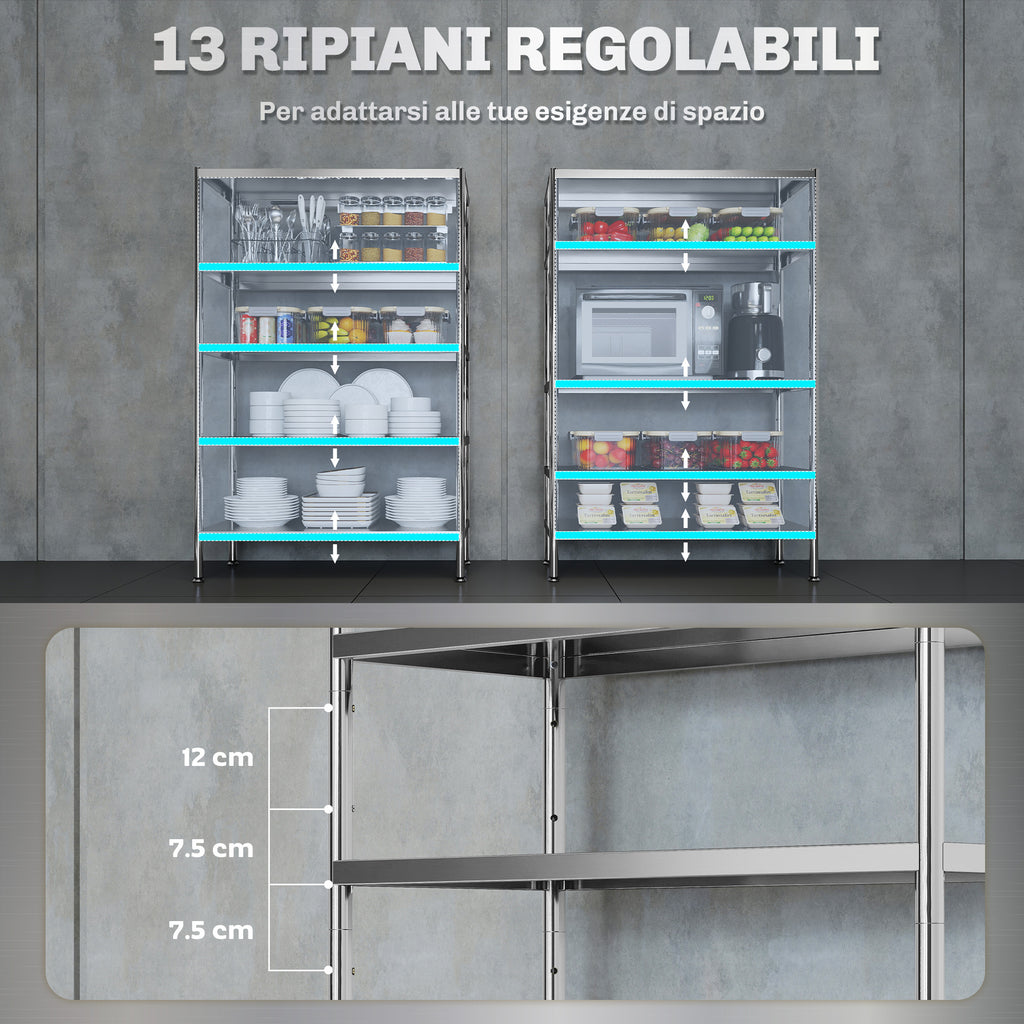 5-Tier Kitchen Shelf with 13 Adjustable Heights, Stainless Steel, 91 x 40 x 139 cm, Silver