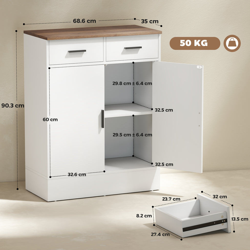 Modern Sideboard with 2 Drawers and 2 Doors, Adjustable Internal Shelf, White and Wood