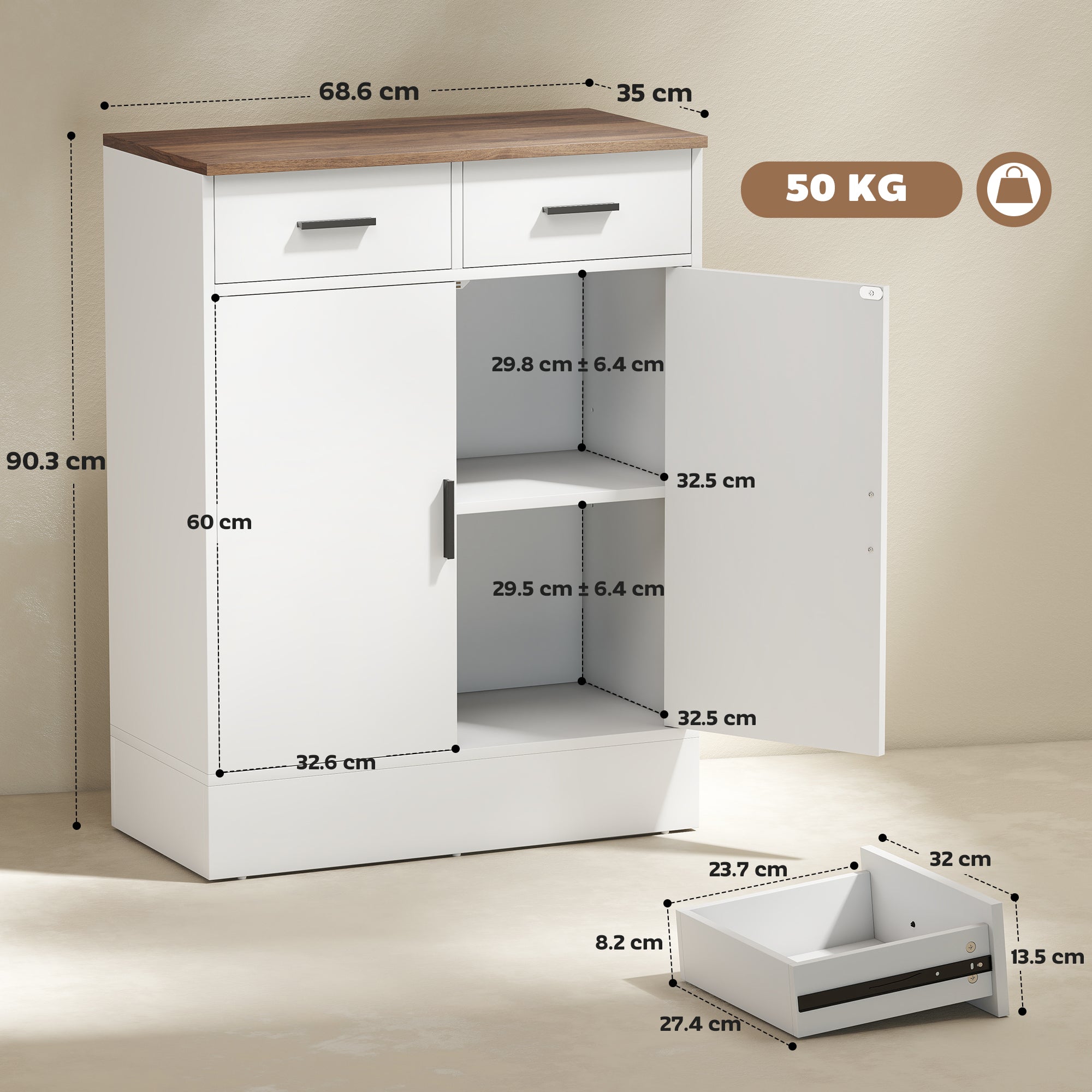 Modern Sideboard with 2 Drawers and 2 Doors, Adjustable Internal Shelf, White and Wood