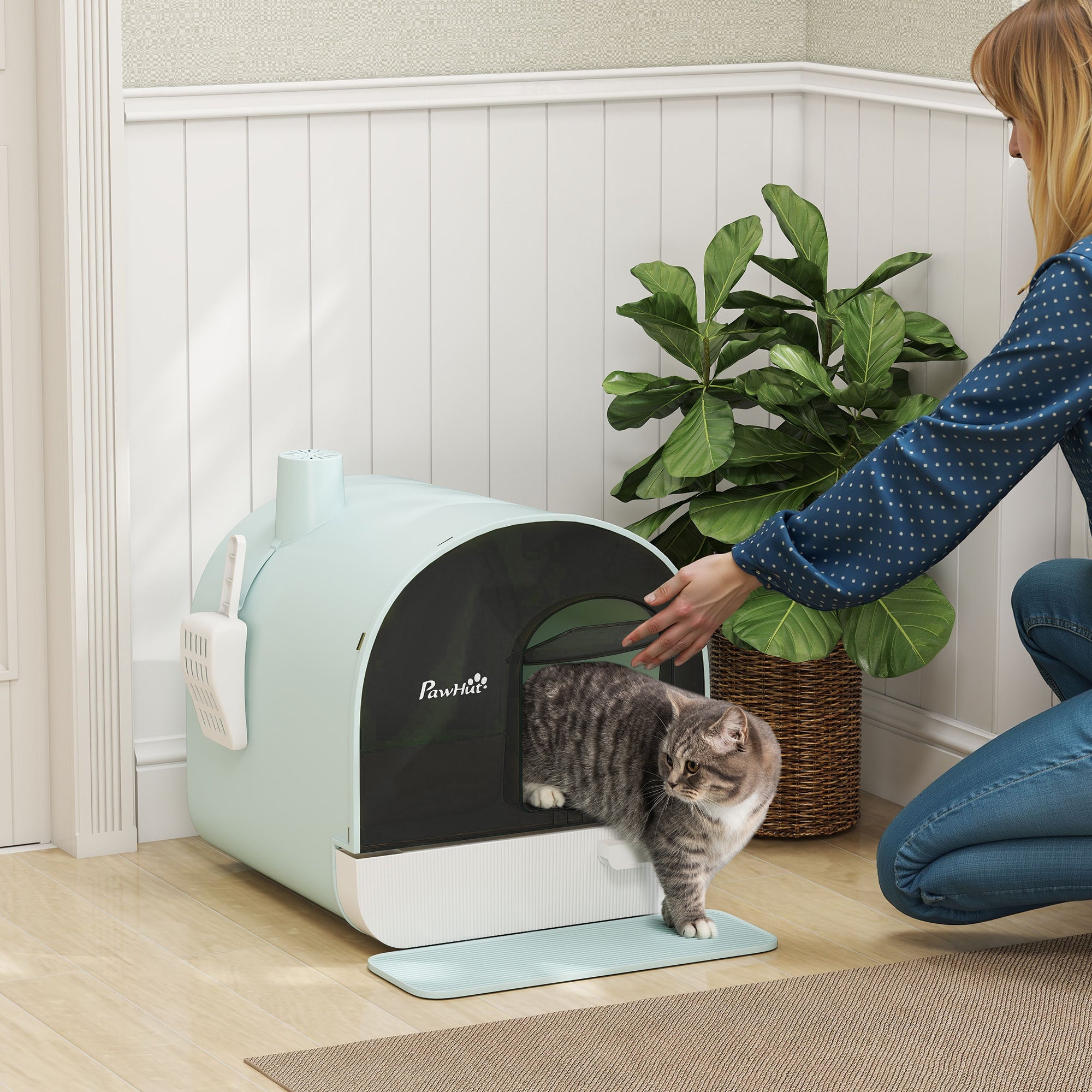 Closed Cat Litter Box with Filters, Scoop and Tray, PP Structure, 43x44x47cm, Green