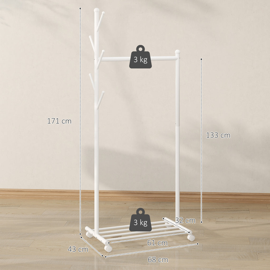 Freestanding Coat Rack with Wheels, 5 Hooks and Lower Shoe Shelf, White