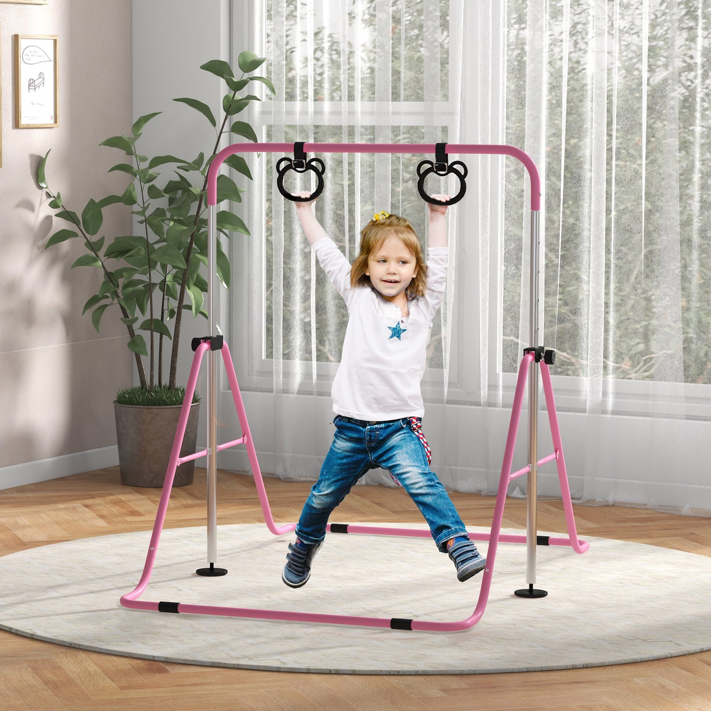 HOMCOM Artistic Gymnastics Bar for Children with Adjustable Height with 2 Rings, in Steel, 148x105x88-128 cm, Pink