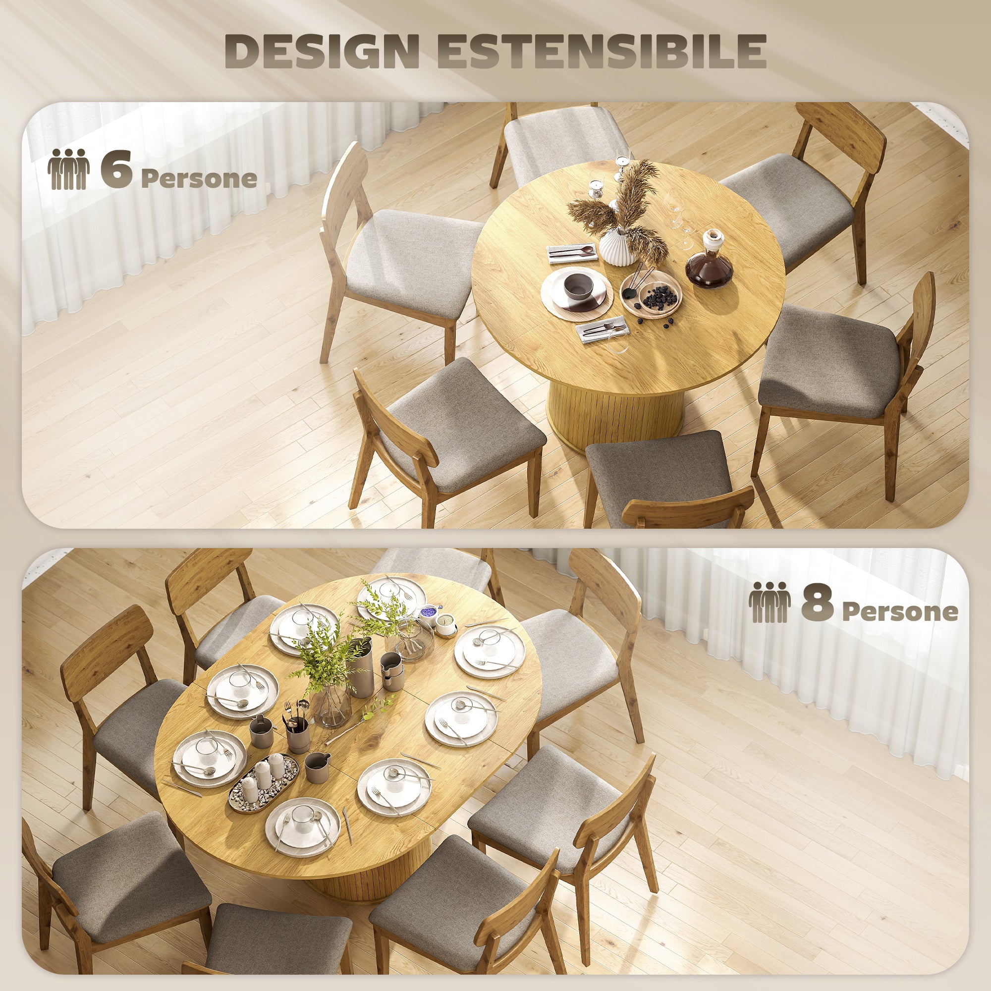 Expandable Round to Oval Pedestal Table for 6-8 People, Wood and Steel, Wood Color