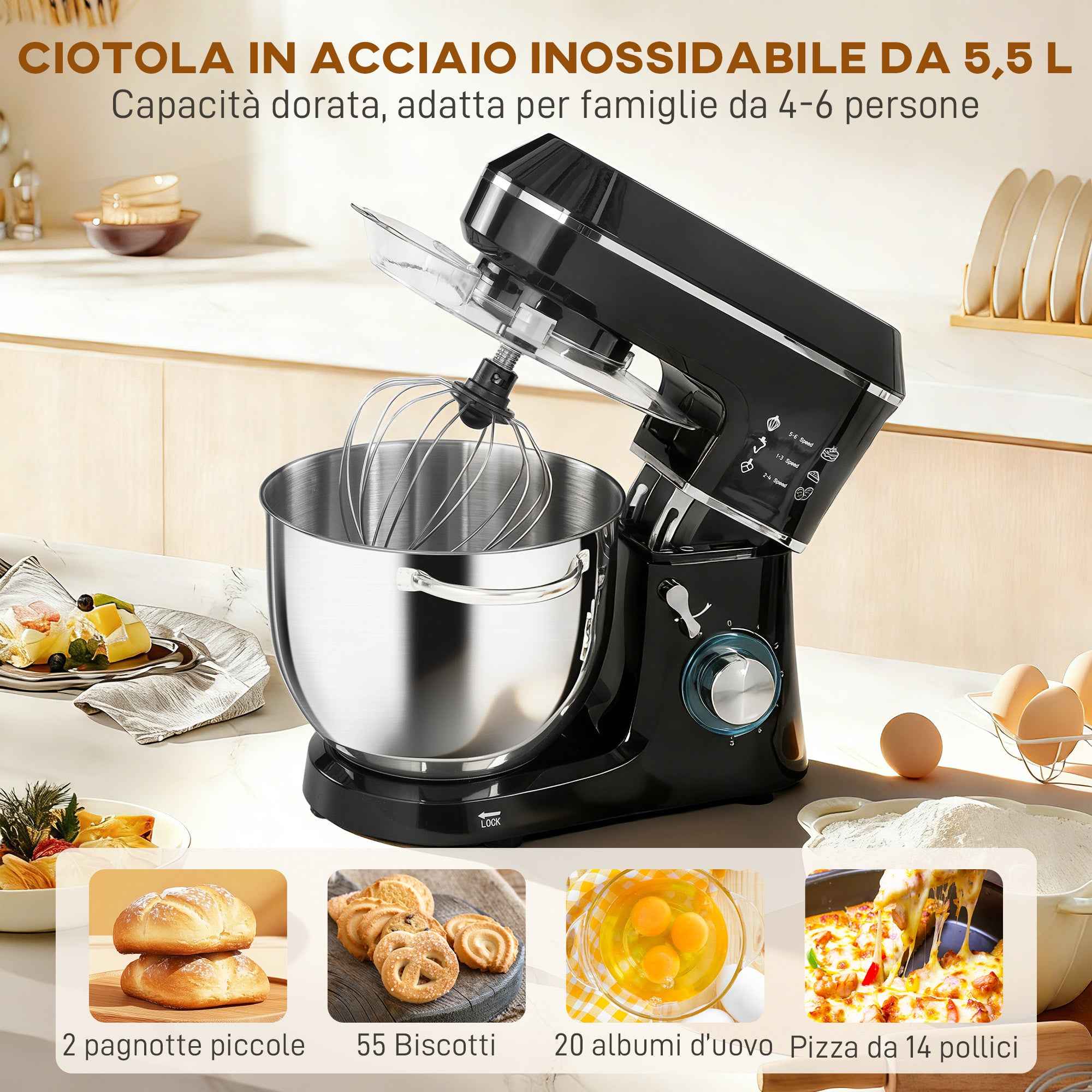 HOMCOM 1400W Stand Mixer with 7L Bowl and 6 Speeds, Dough Hook, Whisk and Beater, Black