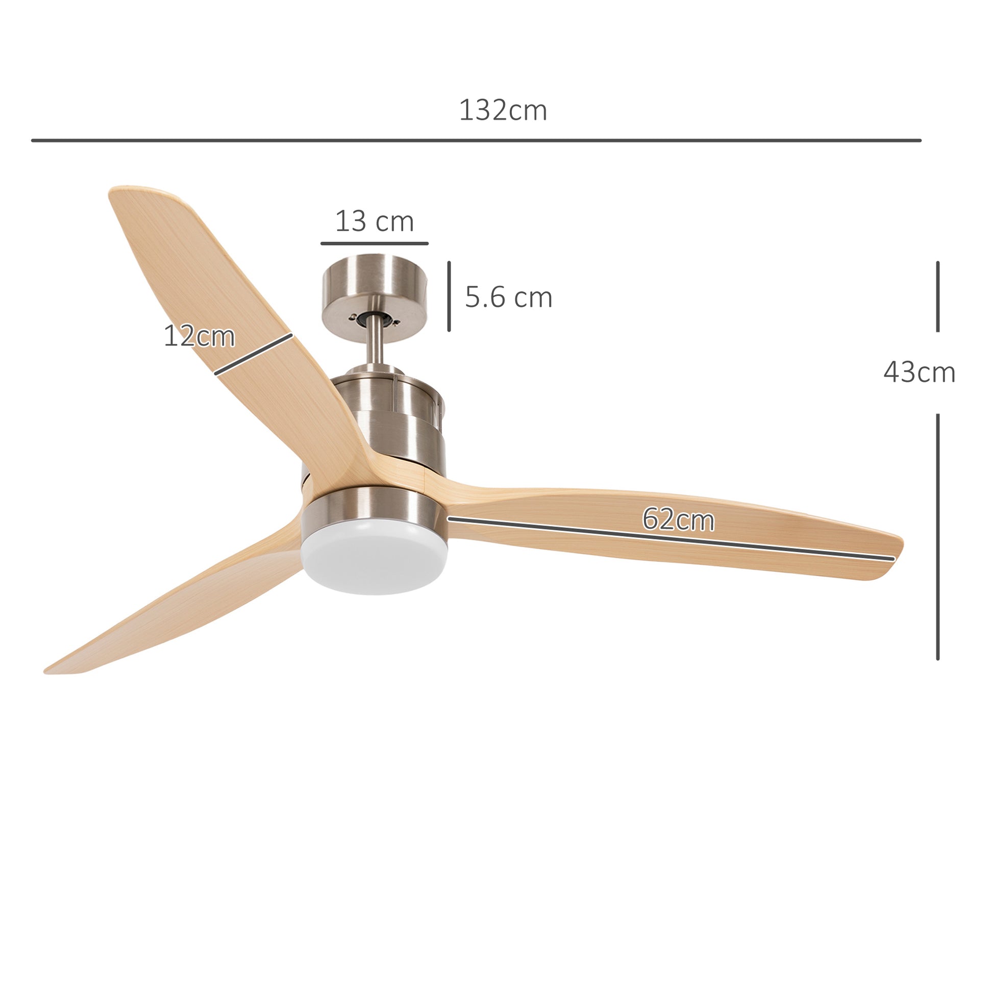 Modern Ceiling Fan with 6-Speed White LED Light and Timer, Metal and Acrylic Construction - Ø132 x 43 cm - Borgè