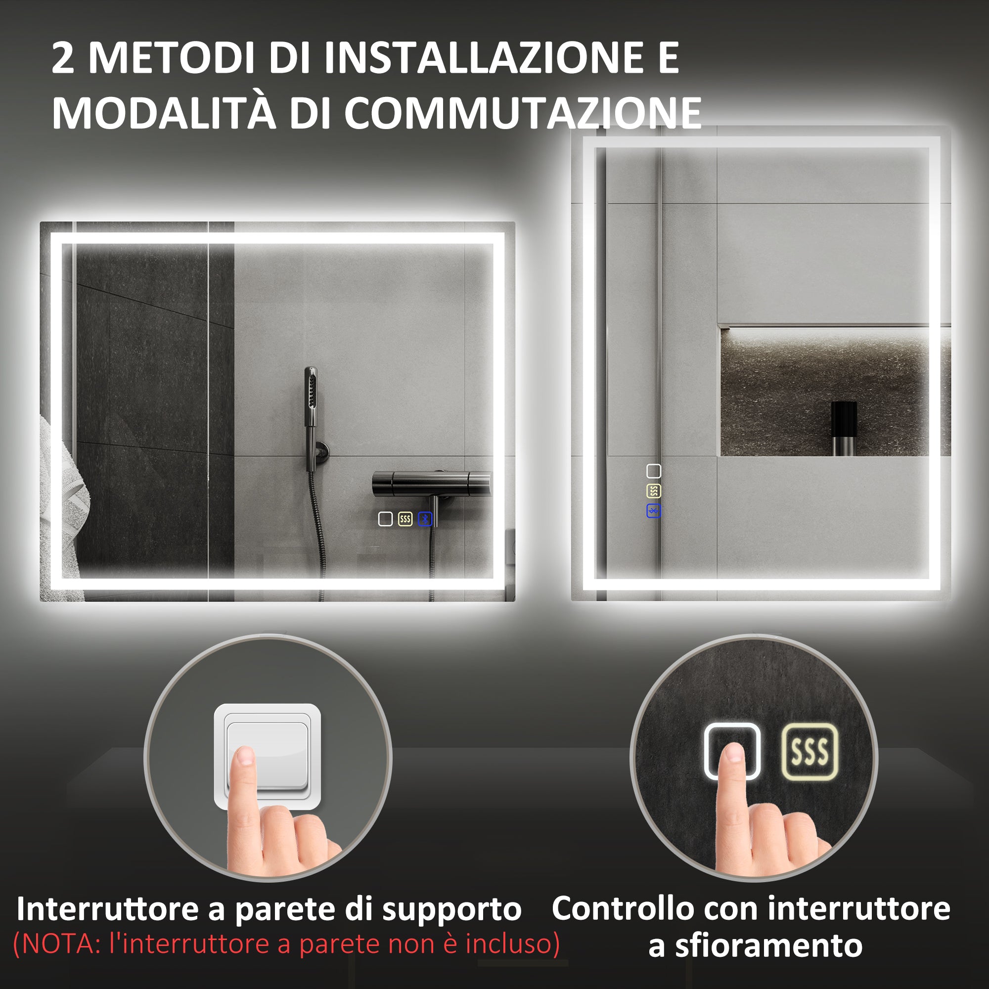 Anti-Fog Bathroom Mirror with Adjustable LED Light, Bluetooth Speaker, Touch Buttons, 80x100cm